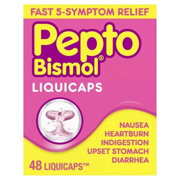 Pepto Bismol Liquicaps, Upset Stomach Relief, Nausea Relief, Heartburn Relief, Indigestion Relief, Anti Diarrhea Medication for Adults - 5 Symptom Fast Relief, No Flavor, 48 ct Pepto Bismol Au supplements