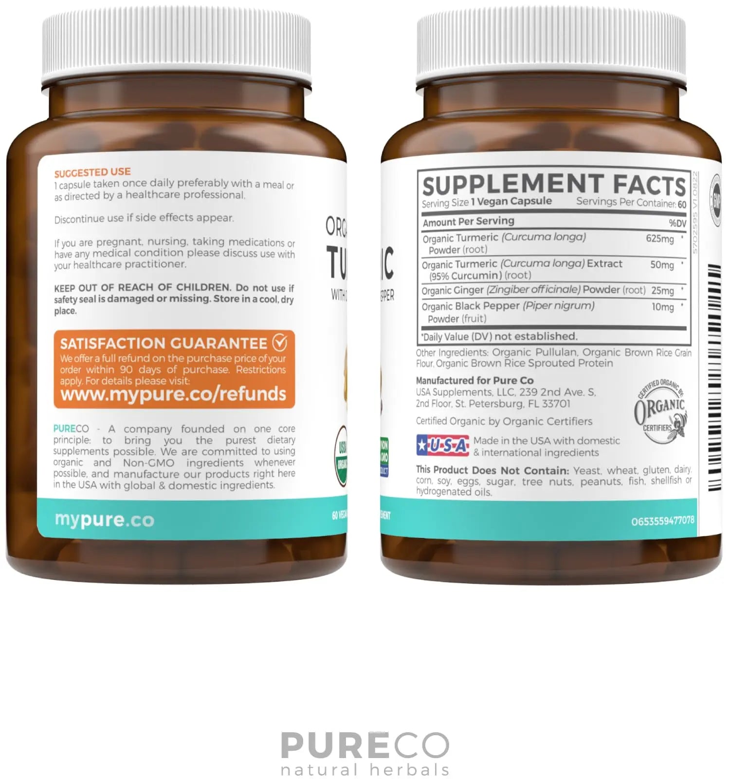 USDA Organic Turmeric Curcumin with Black Pepper and Ginger (2 Month Supply) PURE CO Au supplements