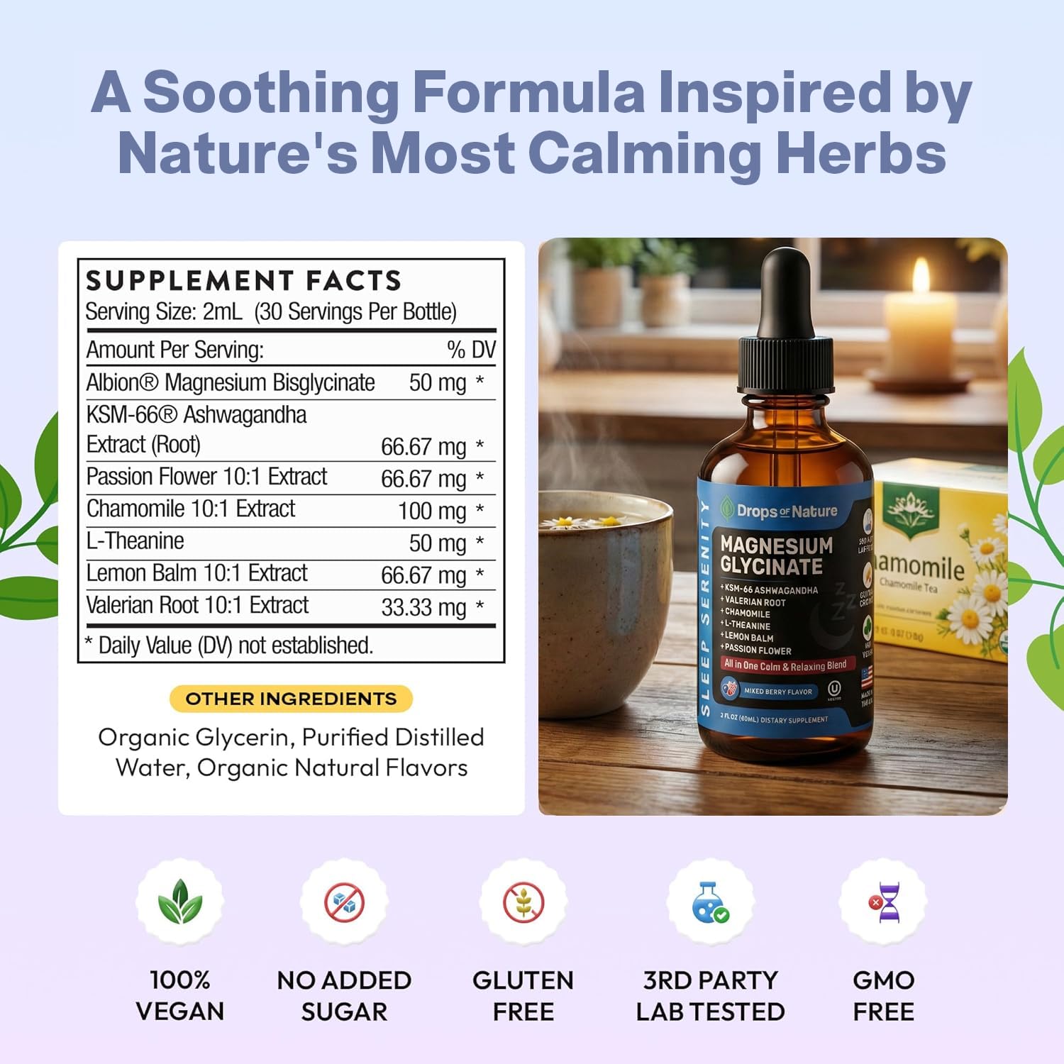 Magnesium Glycinate & Ashwagandha Liquid Drops with Valerian Root, Chamomile, Passion Flower, Lemon Balm & L-Theanine - Vegan Fast Absorption - Supplement for Wellness & Relaxation (Mixed Berry, 60mL) Drops Of Nature Au supplements