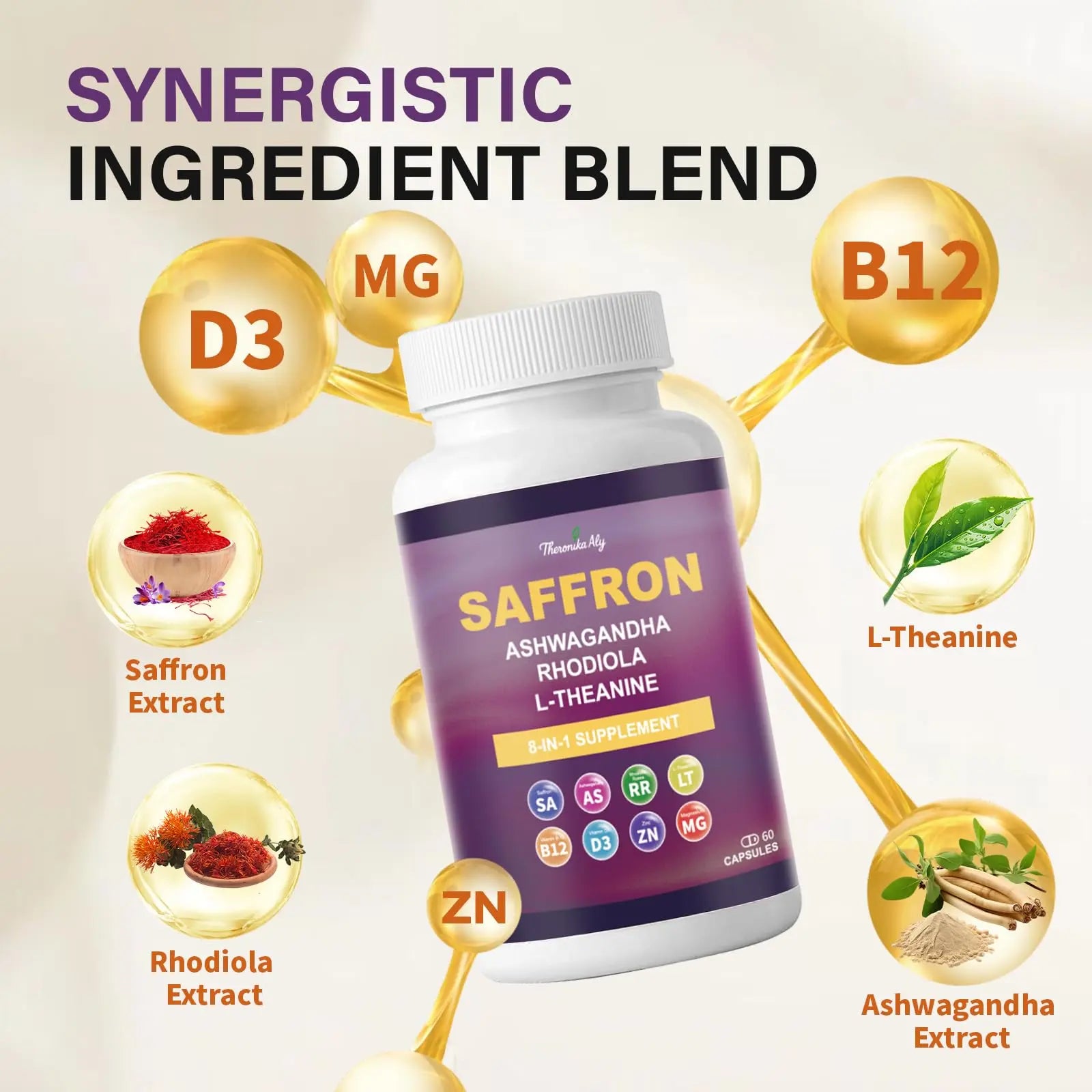 Theronika Aly Saffron Supplements – Blend with Ashwagandha, Safron, Rhodiola, Magnesium, L-Theanine, Zinc & B12, 88.5 mg Pure Saffron Extract Capsules Mood, Energy, Vision & Focus – 60 Vegan Capsules Theronika Aly Au supplements