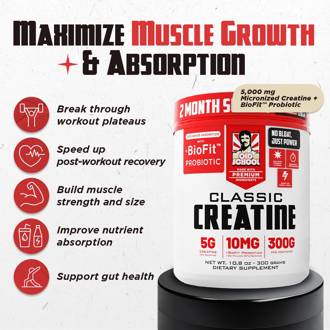 Old School Labs 5000mg Micronized Creatine Monohydrate with BioFit™ Probiotic - No Bloat Post-Recovery for Men & Women Supports Muscle Growth,
