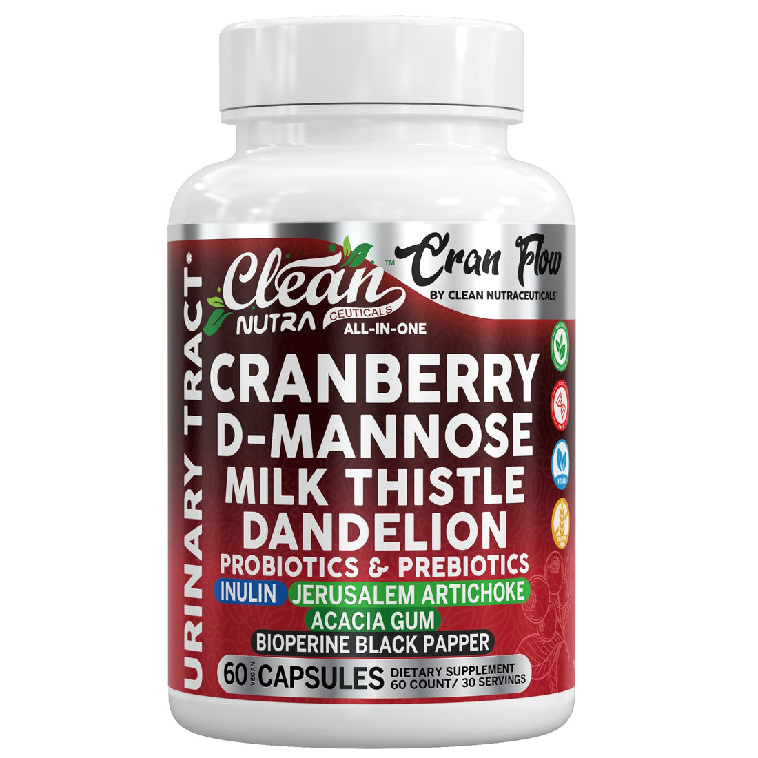 Cran Flow Cranberry Pills for Urinary Health D-Mannose Milk Thistle Dandelion Inulin Vitamin C Prebiotics and Probiotics Bladder Support By Clean Nutra Clean Nutraceuticals Au supplements