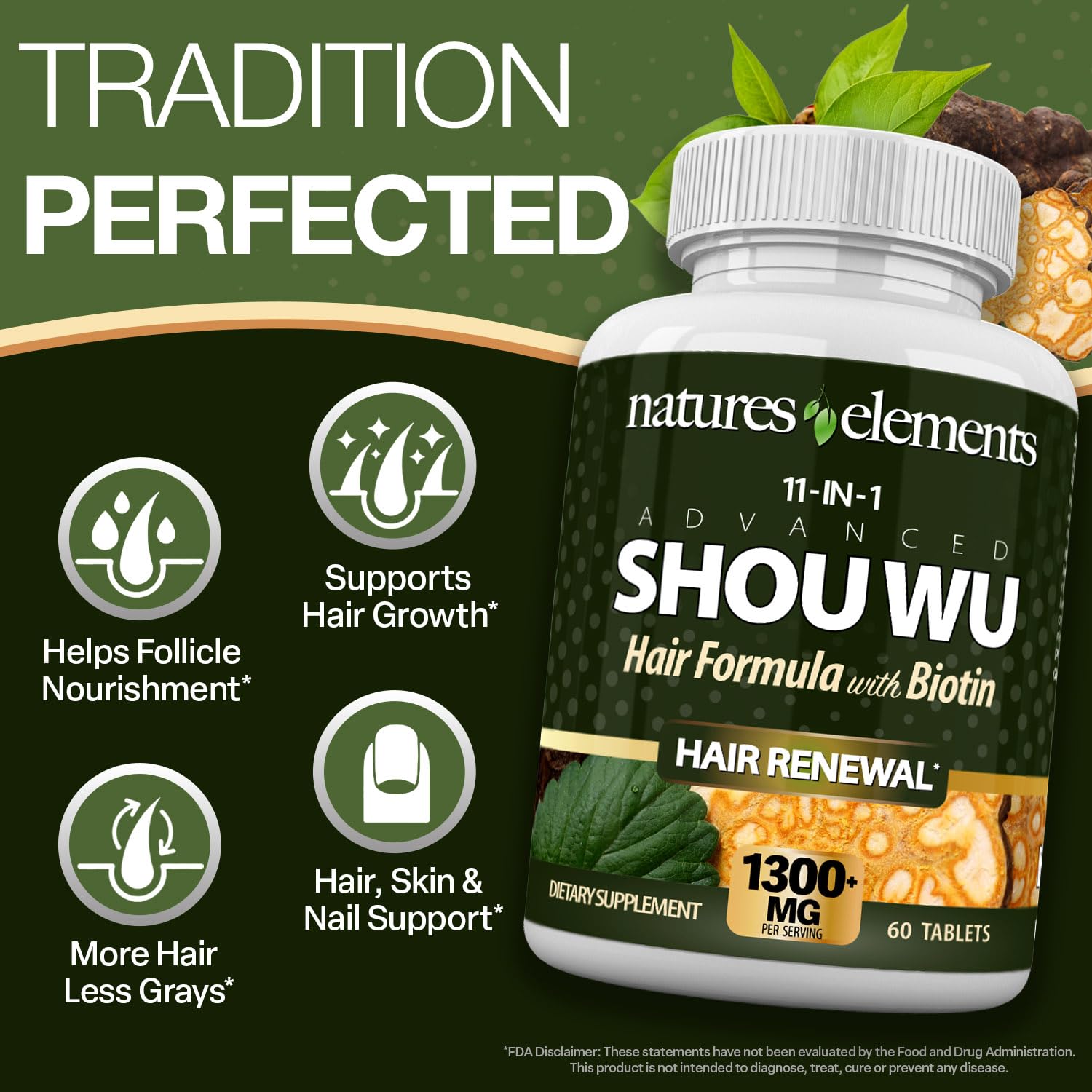 Natures Elements Advanced Shou Wu for Gray Hair – Prepared He Shou Wu for Hair Growth with Biotin, Bioperine, Fo-Ti Root & More – 100% Natural – 60 Tablets – Non-GMO, Gluten-Free Natures Elements Au supplements