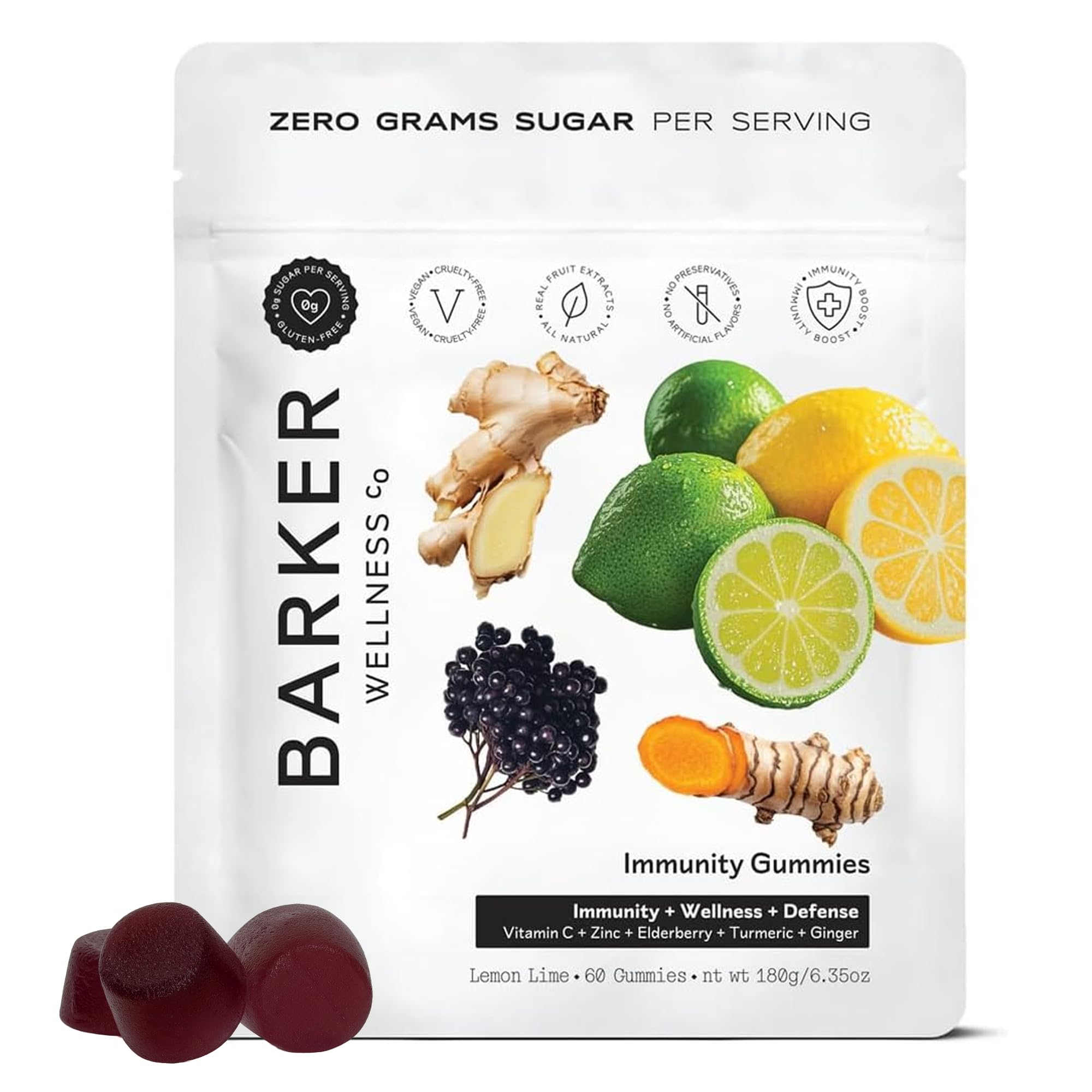 Barker Wellness Immunity Gummies with Vitamin C, Zinc, Elderberry, Turmeric & Ginger for Daily Immune Support | Vegan, Sugar-Free, Lemon-Lime Flavor | Seasonal Wellness Essentials, 60 Count Barker Wellness Co Au supplements