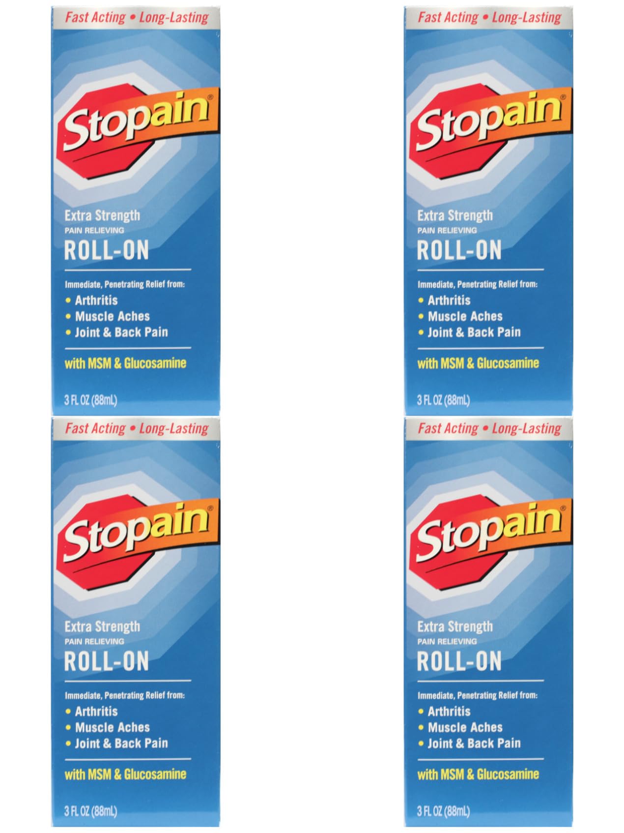 Stopain Pain Relief Roll On Gel 3oz (4 Pack) USA Made, Max Strength Fast Acting with MSM, Glucosamine, Menthol for Lower Back, Knee, Neck, HSA FSA Approved Topical Analgesic Products Stopain Au supplements