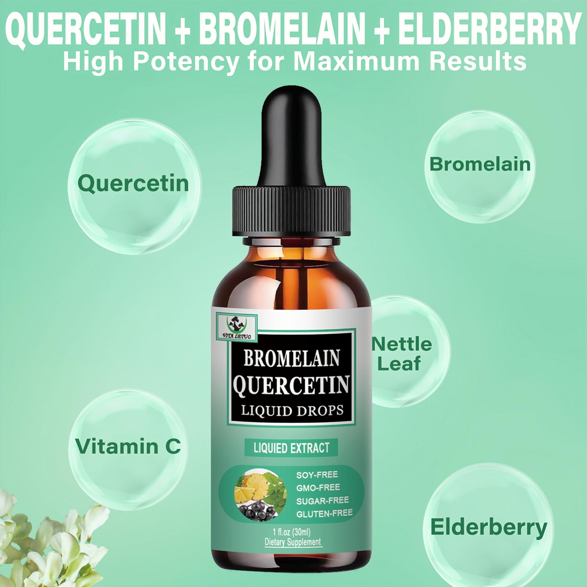 Quercetin Liquid Drops, Quercetin with Bromelain Elderberry Nettle Leaf Vitamin C Liquid Supplements, High Absorption Quercetin Liquid Drops for Women Men, Healthy Immune Antioxidant Support, Non-GMO Vita letuo Au supplements