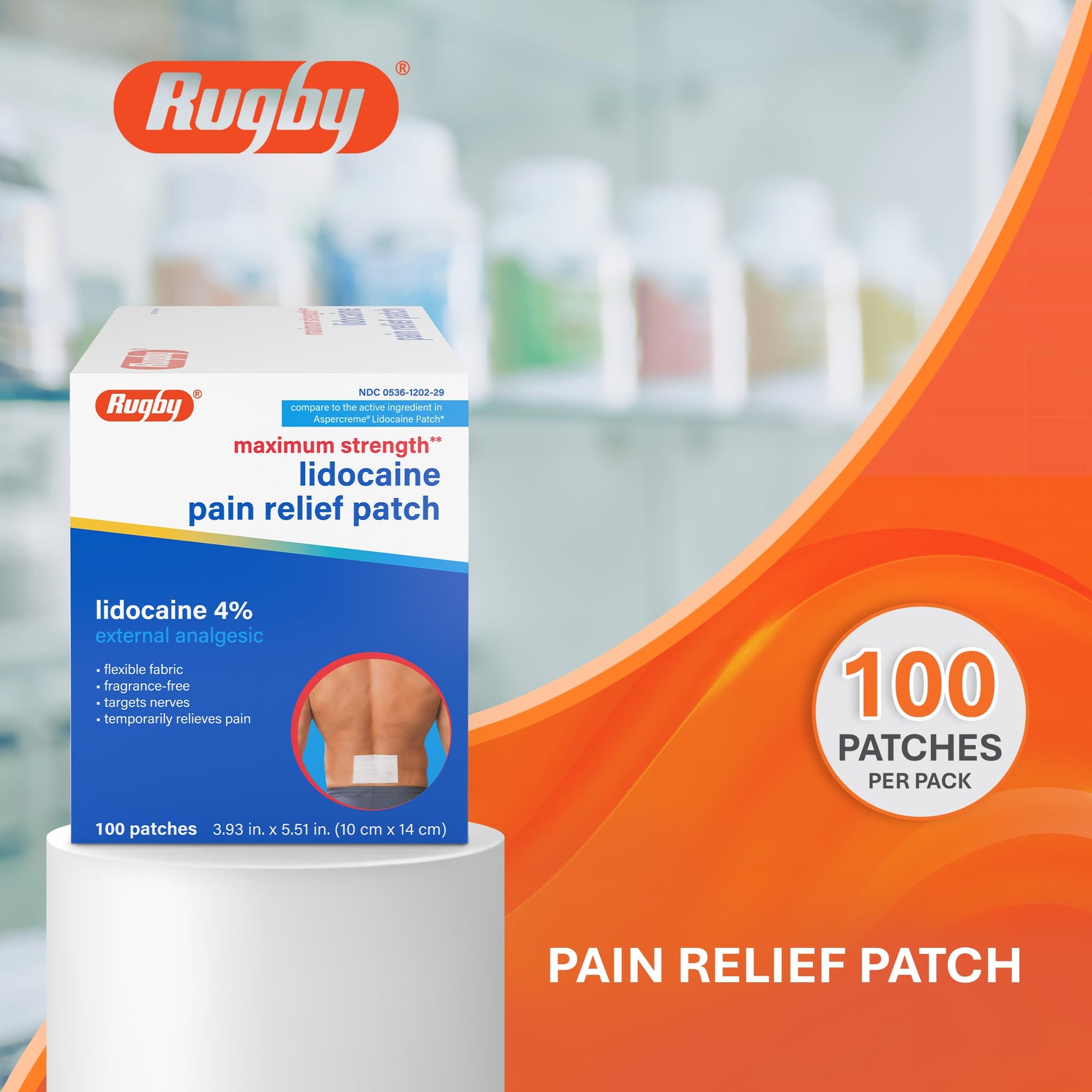 Rugby Maximum Strength 4% Lidocaine Pain Relief Patch- External Analgesic - Flexible Fabric, Fragrance-Free - Temporarily Relieves Pain - 100 Patches (10 cm x 14 cm Each) RUGBY LABORATORIES Au supplements