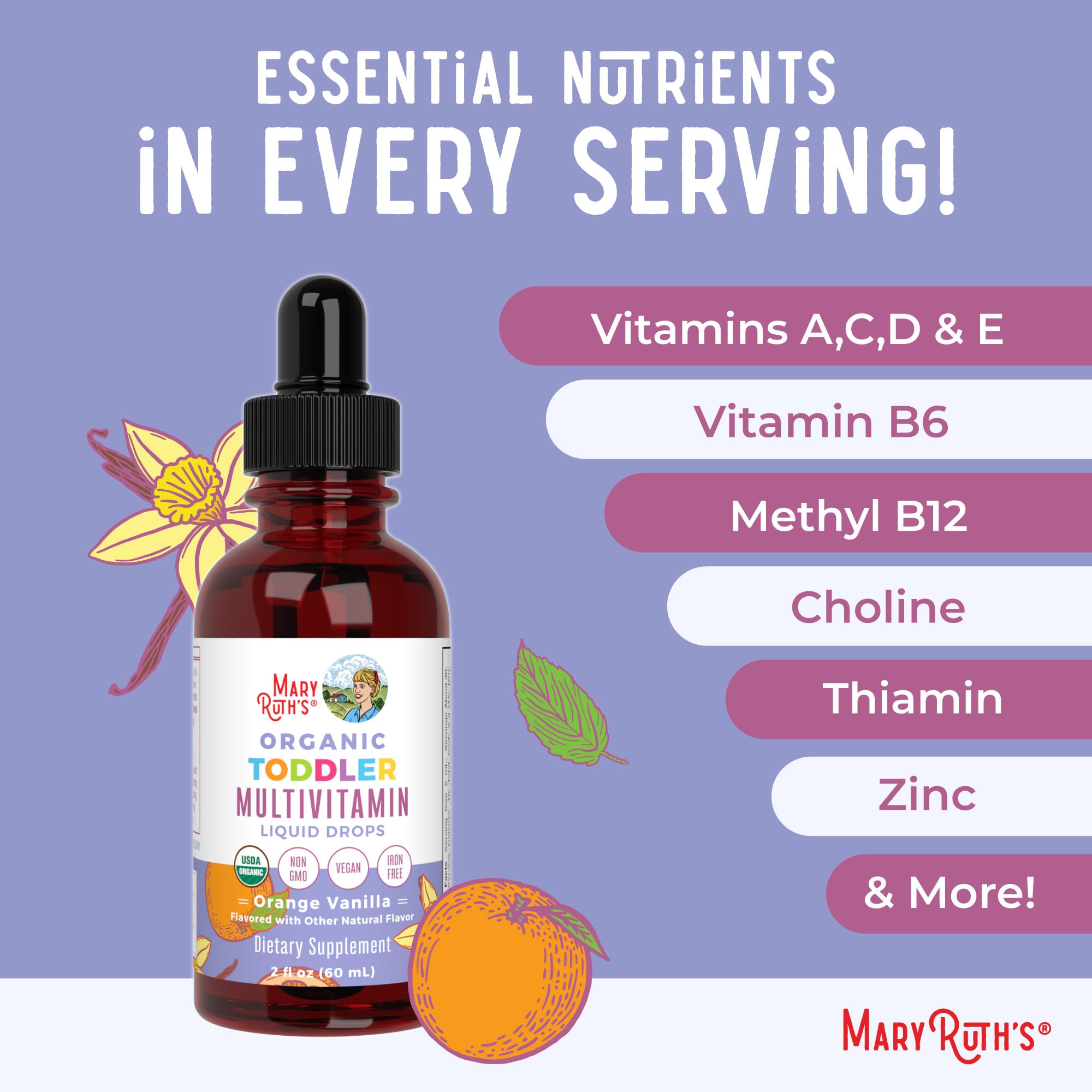 MaryRuth's Toddler Multivitamin | Vitamin A C D E B6 B12 Zinc | Healthy Growth Support | Immunity | Bone Health | Cognitive Function | Organic | Sugar Free | Vegan | Non-GMO | 2 Fl Oz | 30 Day Supply MARYRUTH'S Au supplements