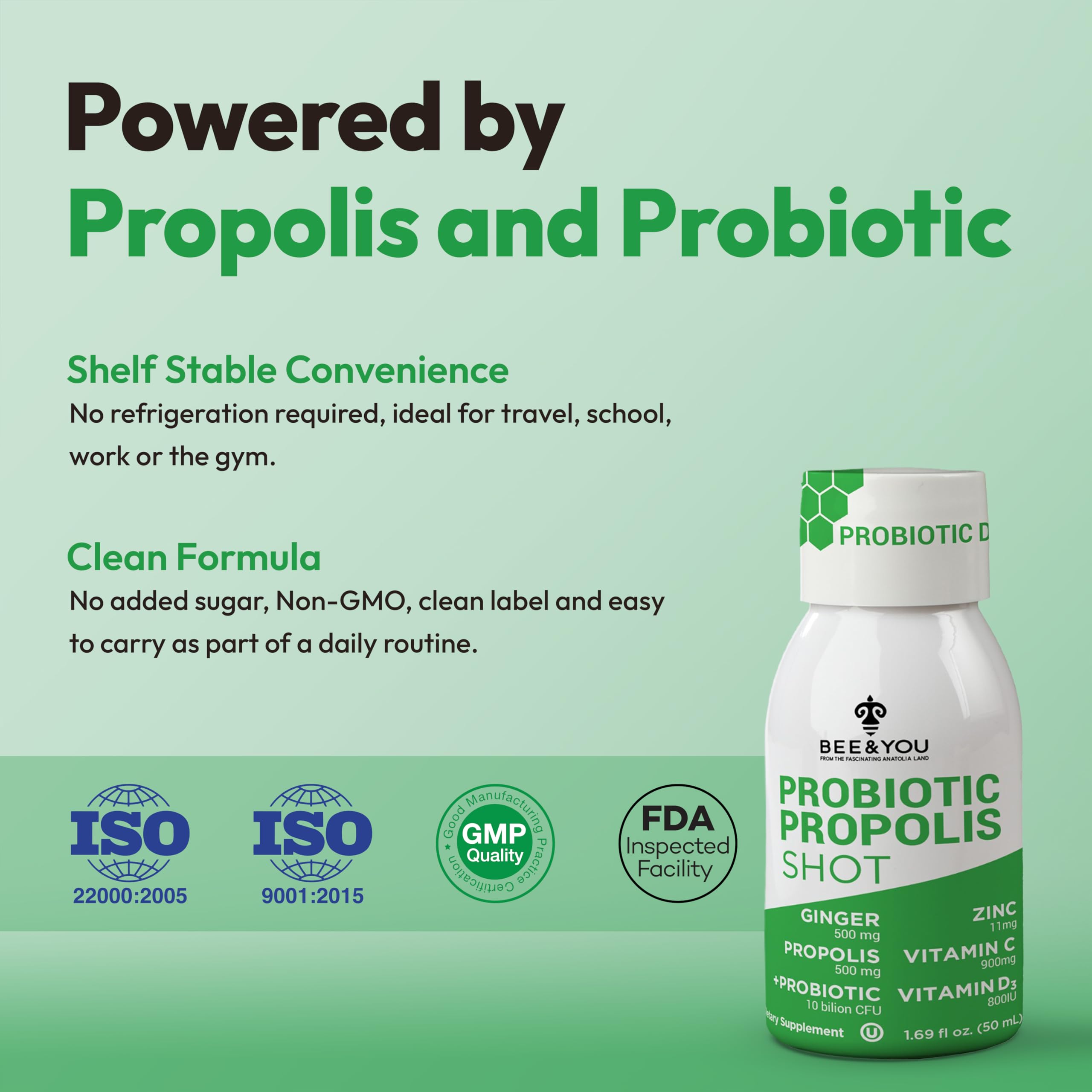 Bee and You Propolis Immune Shot, Probiotic, Vitamin C, Vitamin D3, Zinc, Ginger, Immune Support, Gut Health, Digestive Health, Bioactive 1.69 Fl. oz, 12 Pack BEE & YOU Au supplements