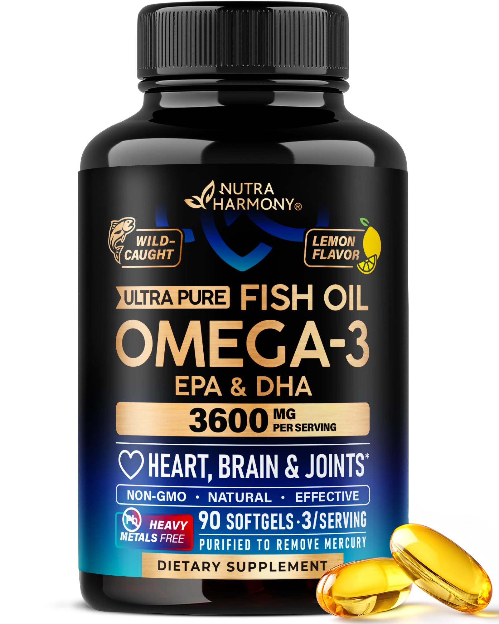 Omega 3 Fish Oil 3600 mg - Omega 3 Supplement | EPA & DHA - Heavy Metals Free - Heart, Brain & Joint Support - Purified Fish Oil for Men & Women - Lemon Flavored - Made in USA, 90 Softgels NUTRAHARMONY Au supplements
