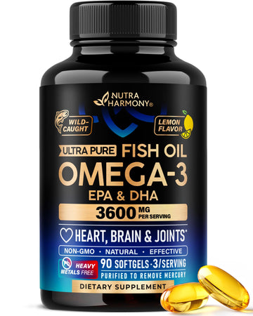 Omega 3 Fish Oil 3600 mg - Omega 3 Supplement | EPA & DHA - Heavy Metals Free - Heart, Brain & Joint Support - Purified Fish Oil for Men & Women - Lemon Flavored - Made in USA, 90 Softgels NUTRAHARMONY Au supplements