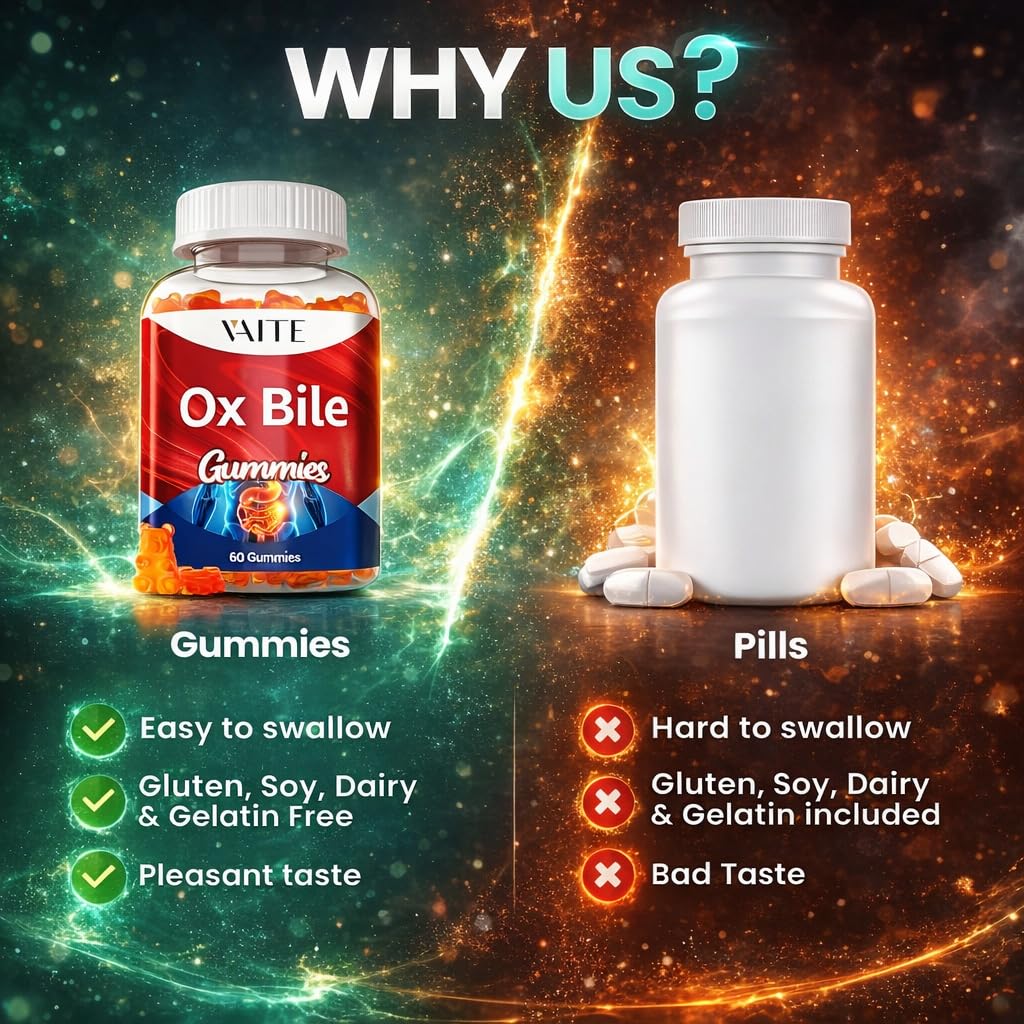 VAITE Ox Bile Gummies – 500mg Digestive Support for Gallbladder & Gut Health – Non-GMO, Sugar-Free Supplement – Helps Nutrient Absorption & Bile Flow – 60 Easy-to-Chew Bile Acid Chewables VAITE Au supplements