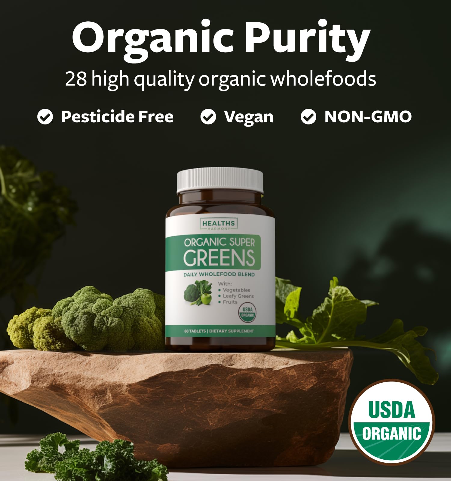 USDA Organic Super Greens Supplement - Organic Greens Fruits and Vegetable Supplement for Adults with 28 Superfood Complex with Superfruits Roots Herbs & More - Vegan & Non-GMO (Up to 1 Month Supply) Healths Harmony Au supplements