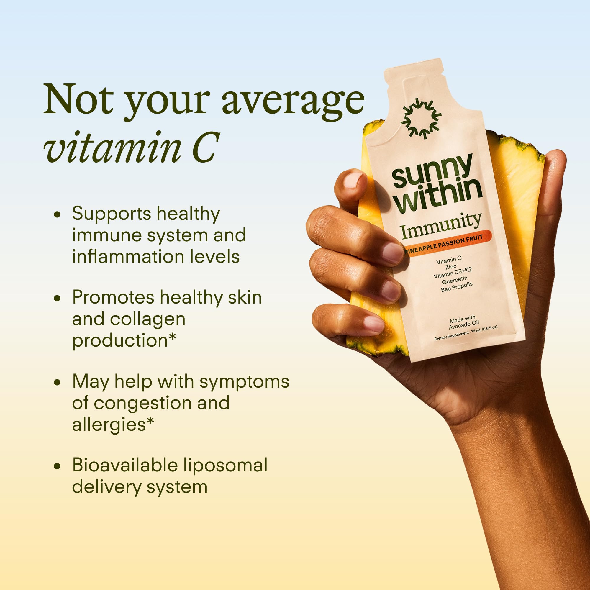 Sunny Within Immunity - 6-in-1 Liposomal Vitamin C Packets, Zinc, D3 + K2, Quercetin, Bee Propolis & Avocado Oil - Antioxidant Liquid Supplement for Immunity, Skin & Bone* - 30 Pouches Sunny Within Au supplements
