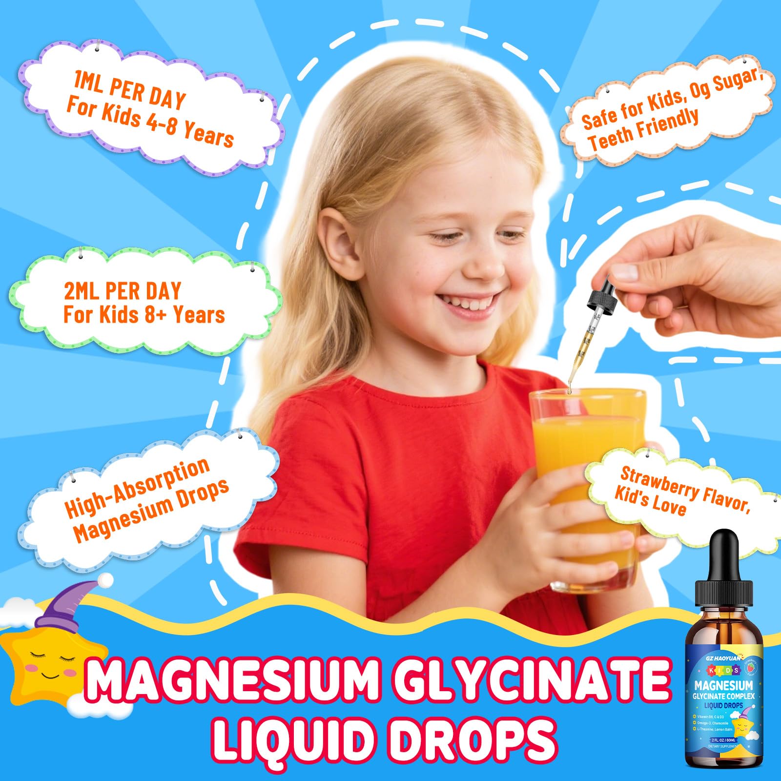 Kids Magnesium Glycinate Liquid Drops‌ – with L-Theanine, Omega-3, Vitamins B6 & D3, Zinc & Calcium – for Sleep Support, Relaxation, Focus & Brain, Bones – Strawberry Flavor, 2 Fl Oz GZ HAOYUAN Au supplements