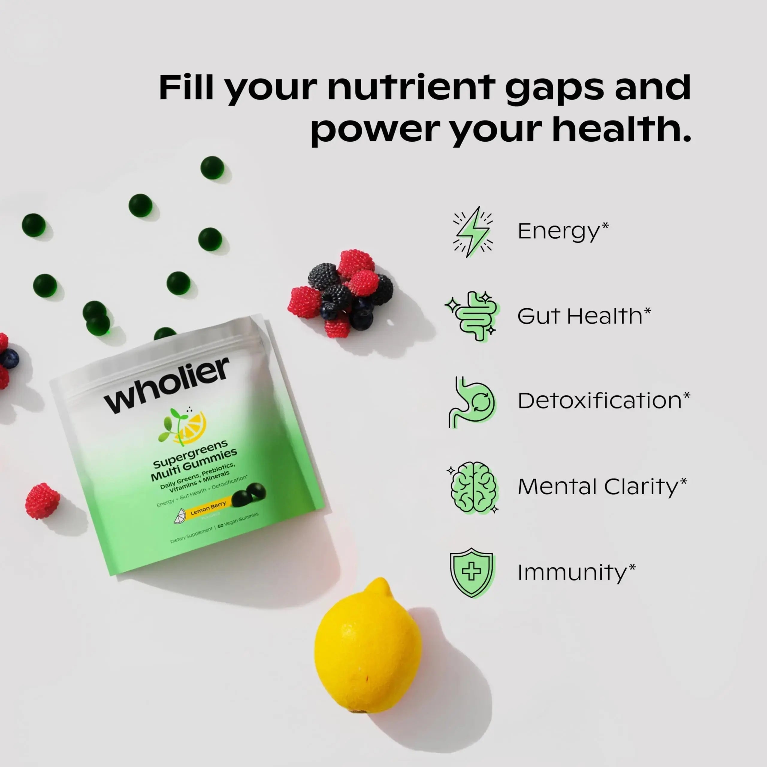 wholier Supergreens Multi Gummies, Daily Greens with Prebiotics, Fiber, Adaptogens, Plant-Based Multivitamin with 9 Essential Vitamins wholier Au supplements