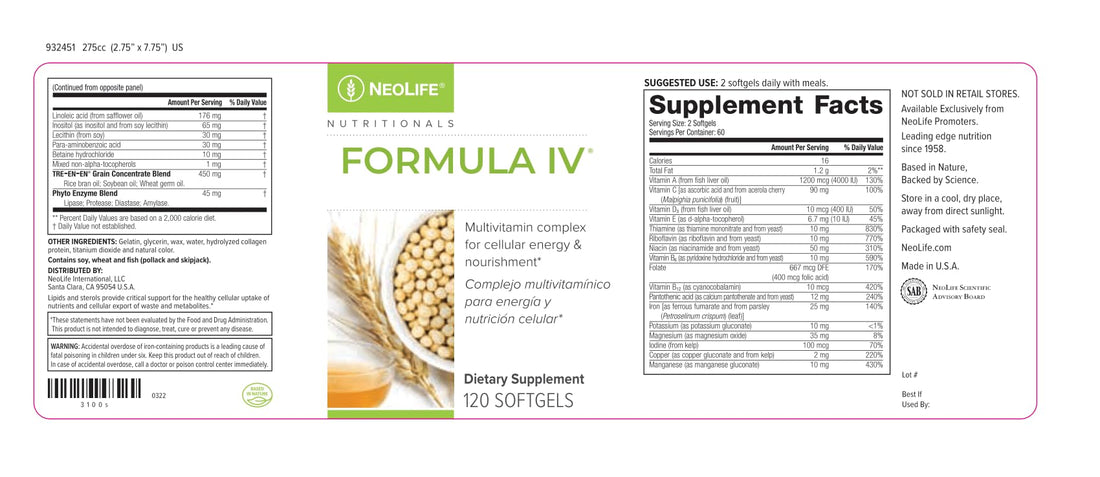 NeoLife - Formula IV Softgel - Vitamins A, C, D, E, B Complex, Multivitamins & Multi-Minerals, Multivitamin for Women & Men, TRE-EN-EN Grain Blend Supplements, Phyto Enzyme Blend - 120 Softgels NeoLife Au supplements