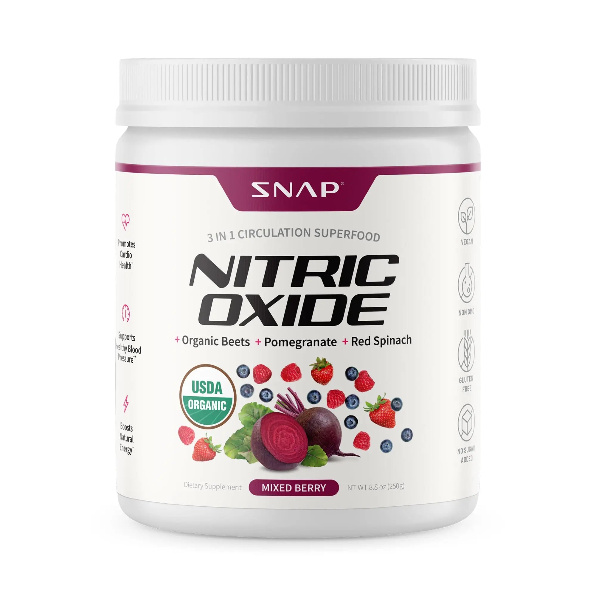 Snap Supplements Organic Beet Root Powder Nitric Oxide Supplement for Men & Women, Red Spinach & Pomegranate, Supports Healthy Energy & Blood Pressure Already in Normal Range, 30 Servings, Mixed Berry Snap Supplements Au supplements