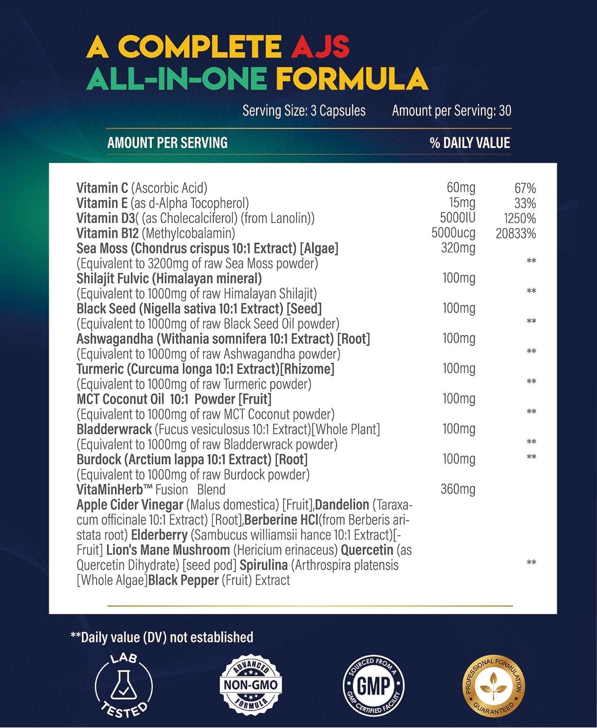 AJS Sea Moss Capsules 3200mg, Himalayan Shilajit 1000mg with Black Seed Oil, Ashwagandha, Turmeric, Bladderwrack, Burdock, Vitamins, Berberine, Lion’s Mane Mushroom, Elderberry- 90 Caps AJS Nutrition Au supplements