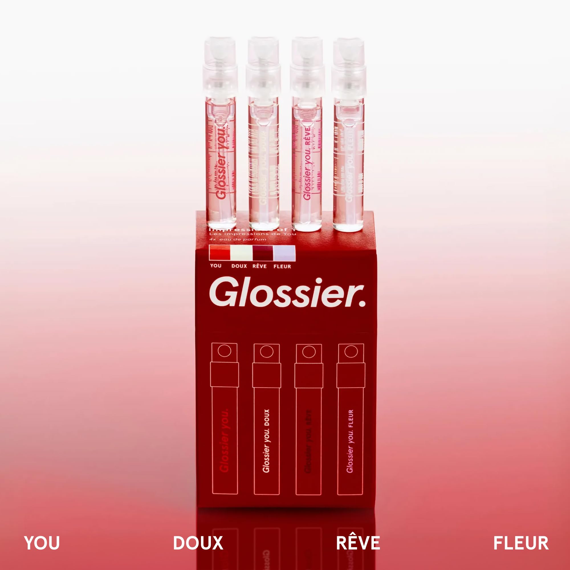Glossier You Mini Wardrobe Fragrance Set - 4 Unisex Travel Size Eau de Parfum for Women & Men - Skin-Scent Enhancer Perfume Sampler, Smells Different on Everyone - You, Fleur, Doux, Rêve - 1.5ml Each Glossier Au supplements