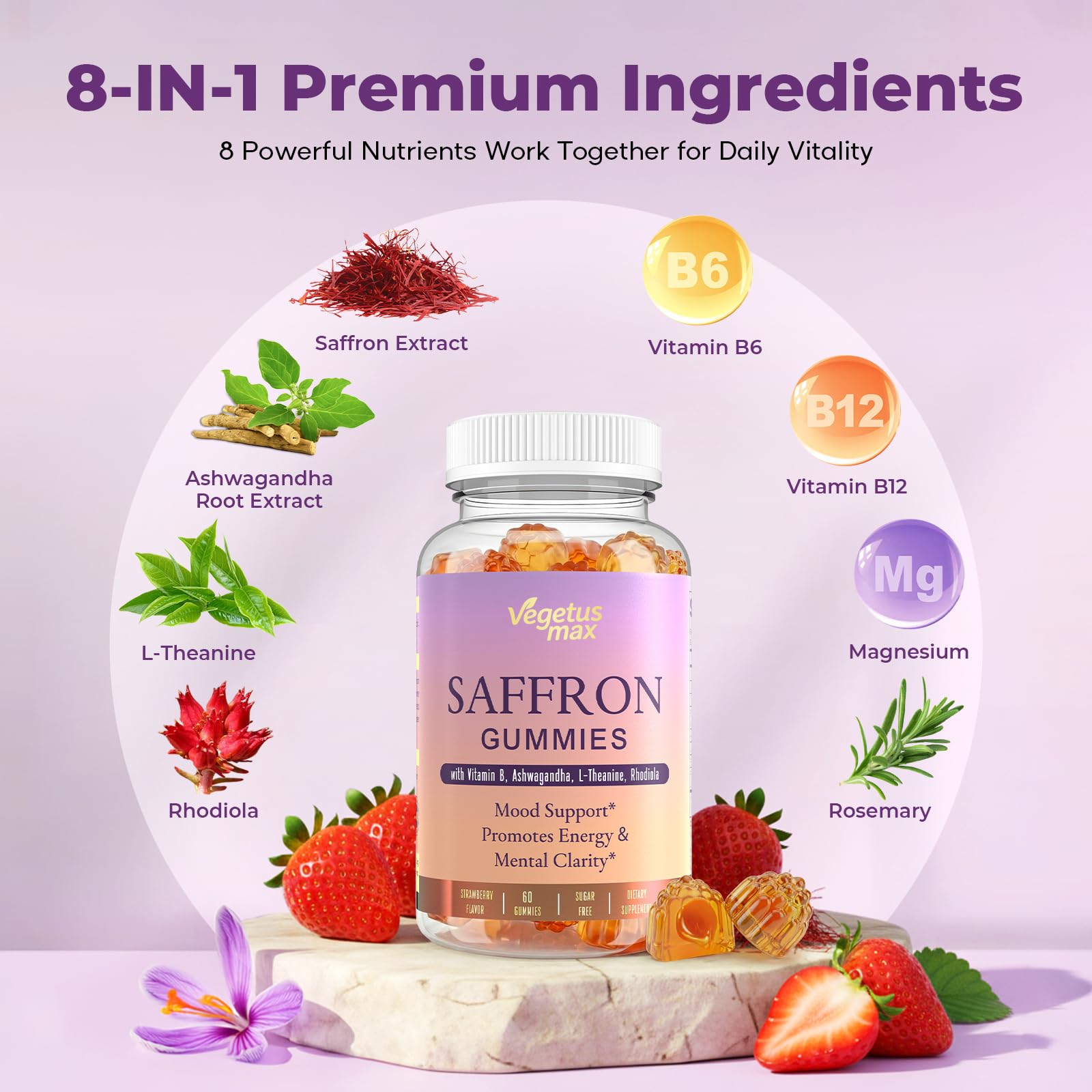 Saffron Supplements Gummies, 88.5mg Pure Saffron Extract with Ashwagandha L-Theanine Rhodiola Rosemary Magnesium Vitamin B6 B12 for Mood Focus Support Adults Kids - 60 Count VEGETUSMAX Au supplements
