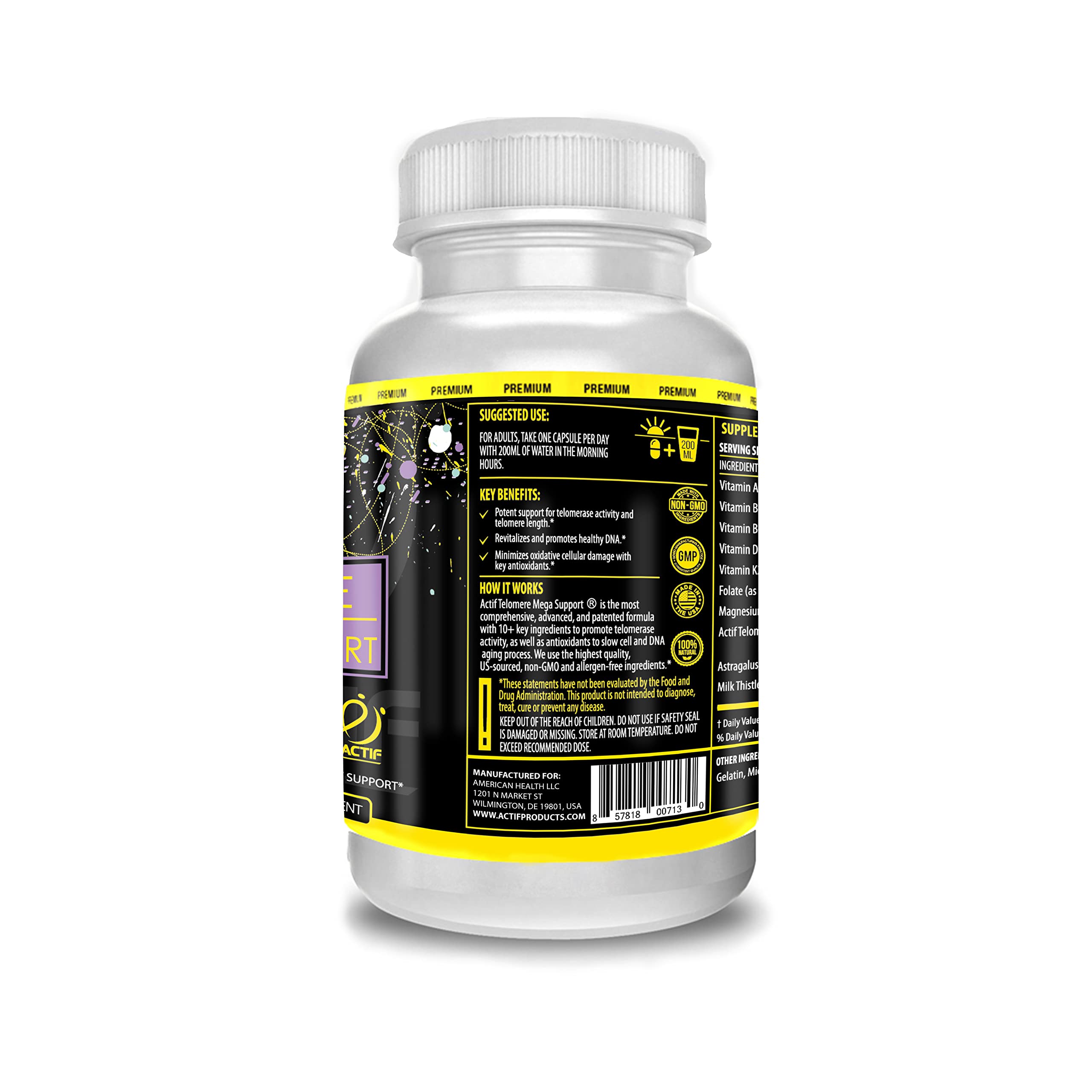 ACTIF Telomere Mega Support with 10+ Factors, Non-GMO, Telomerase and DNA Supplement for Energy, Memory and Anti-Aging, Made in USA, 60 Count ACTIF Au supplements