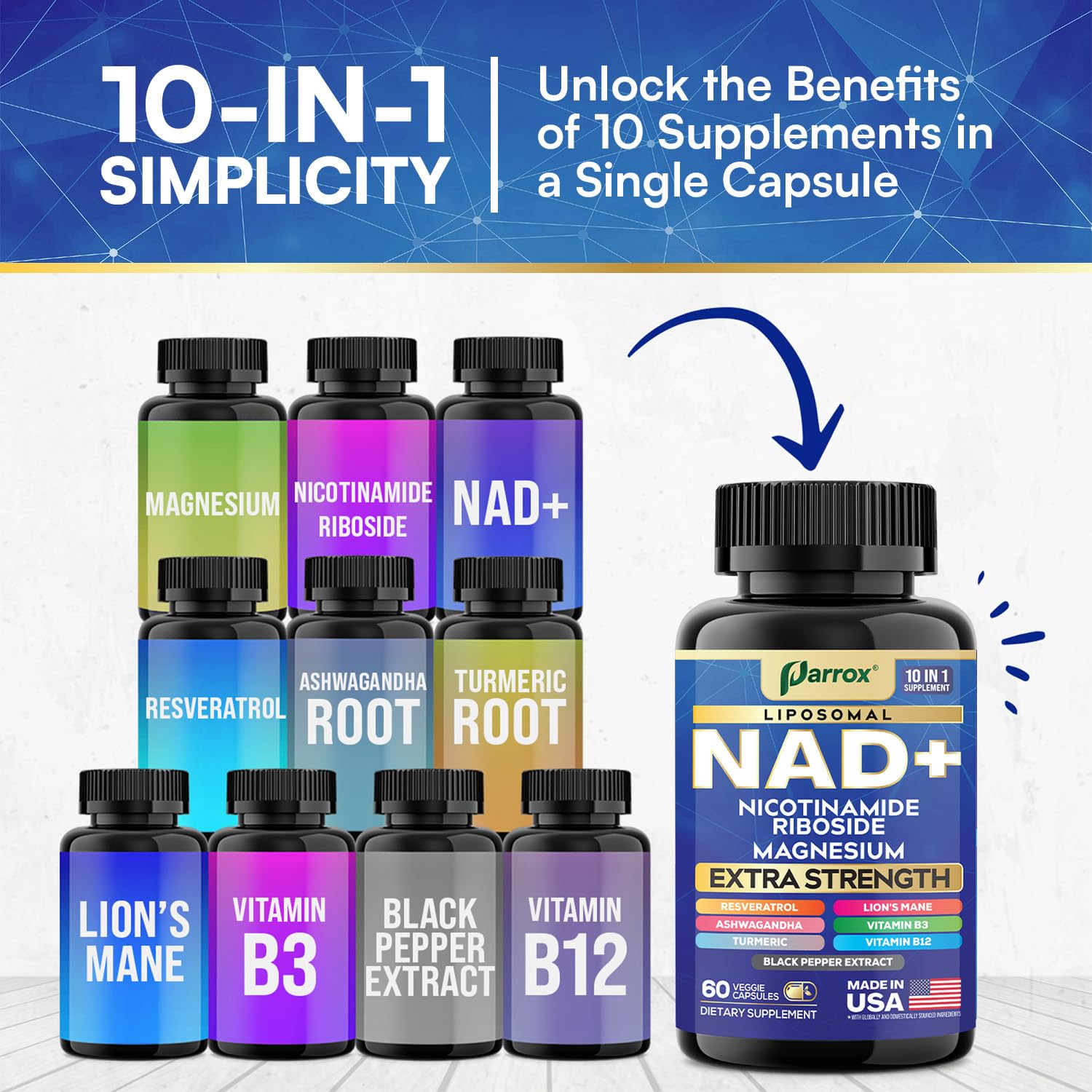 Parrox NAD+ Supplement with Liposomal NAD+, Nicotinamide Riboside, Magnesium, Vitamin B3 & B12, Resveratrol, Turmeric, Ashwagandha, Lion’s Mane,10-in-1 Extra Strength (2 Pack) Parrox Au supplements