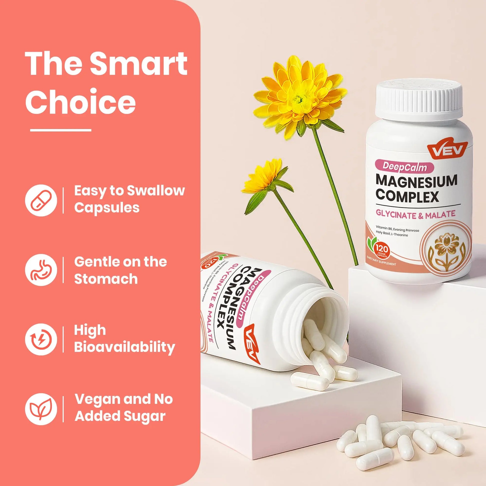 VEV Deep Calm Magnesium Complex for Women – Glycinate, Malate, B6, L-Theanine & Holy Basil – Support for Daily Magnesium & Stress Relief – 120 Vegan Capsules VEV Au supplements