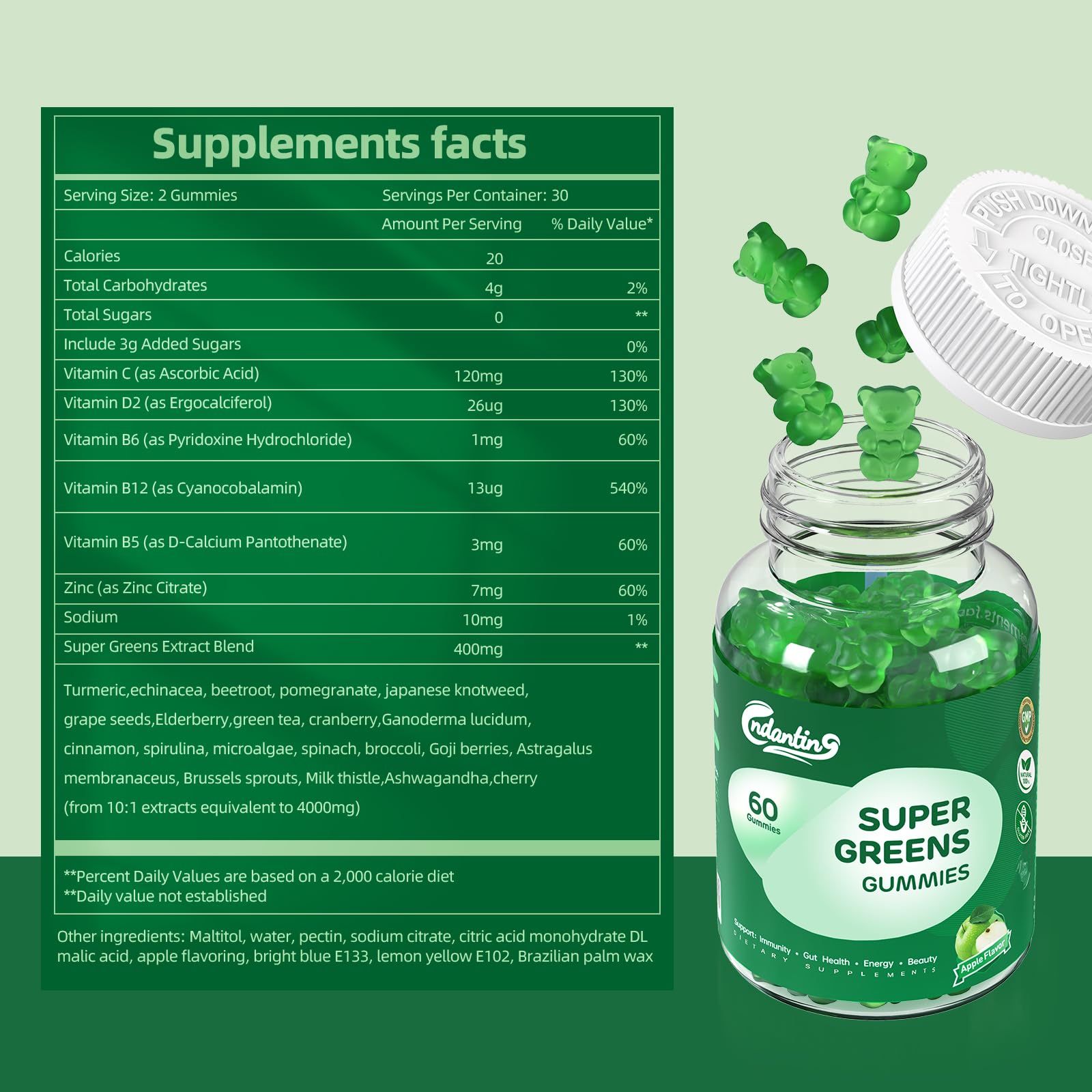 Multivitamin Super Greens Gummies - Daily Vegan Gummy Vitamins for Women, Apple Flavor | Organic Blend with Vitamin C, Turmeric, Zinc, Immune Support, Energy Booster, Metabolism | 60 Count CNDANTING Au supplements