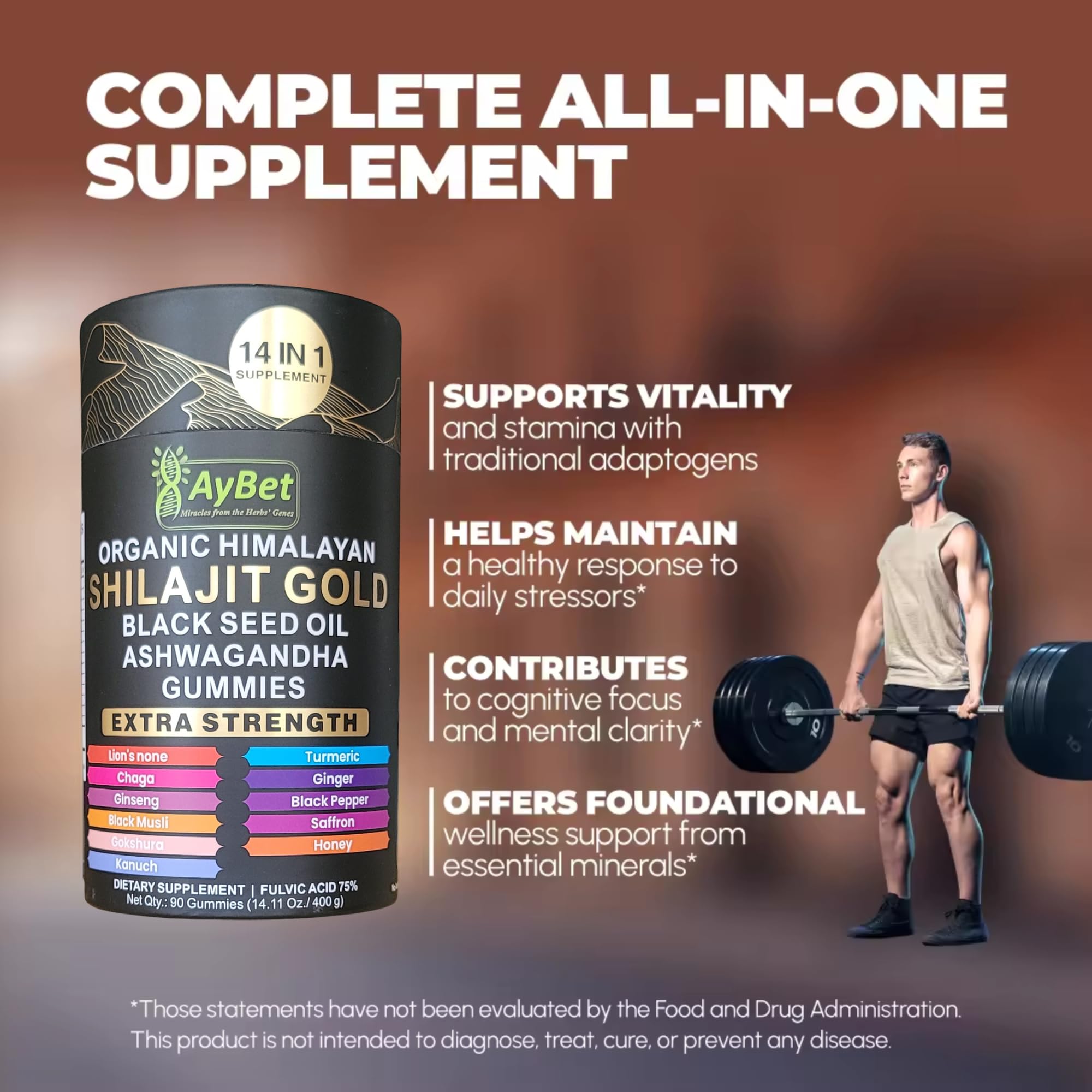 AyBet Organic Himalayan Shilajit Gold Gummies for Men and Women, Black Seed Oil, Ashwagandha, Ginseng, Turmeric, Gokshura, Lion's None, Lab Tested,%75 Fulvic Acid, No Sugar Added, Halal, 90Gummy AyBet Au supplements