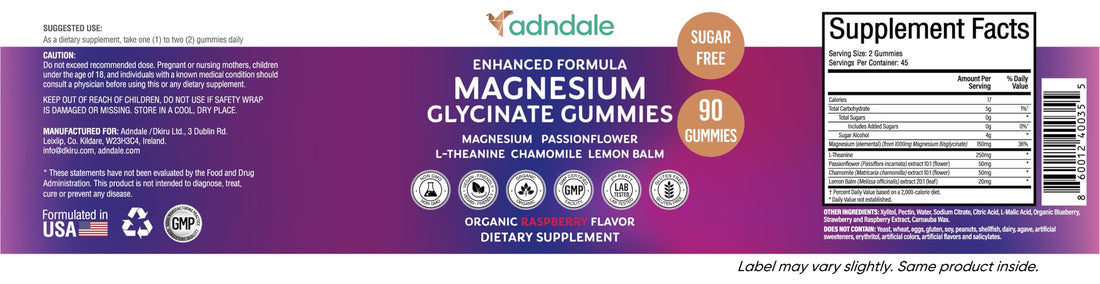 Adndale 90CT Magnesium Glycinate Gummies. Sugar Free Chews for Adults & Kids. Raspberry Flavour