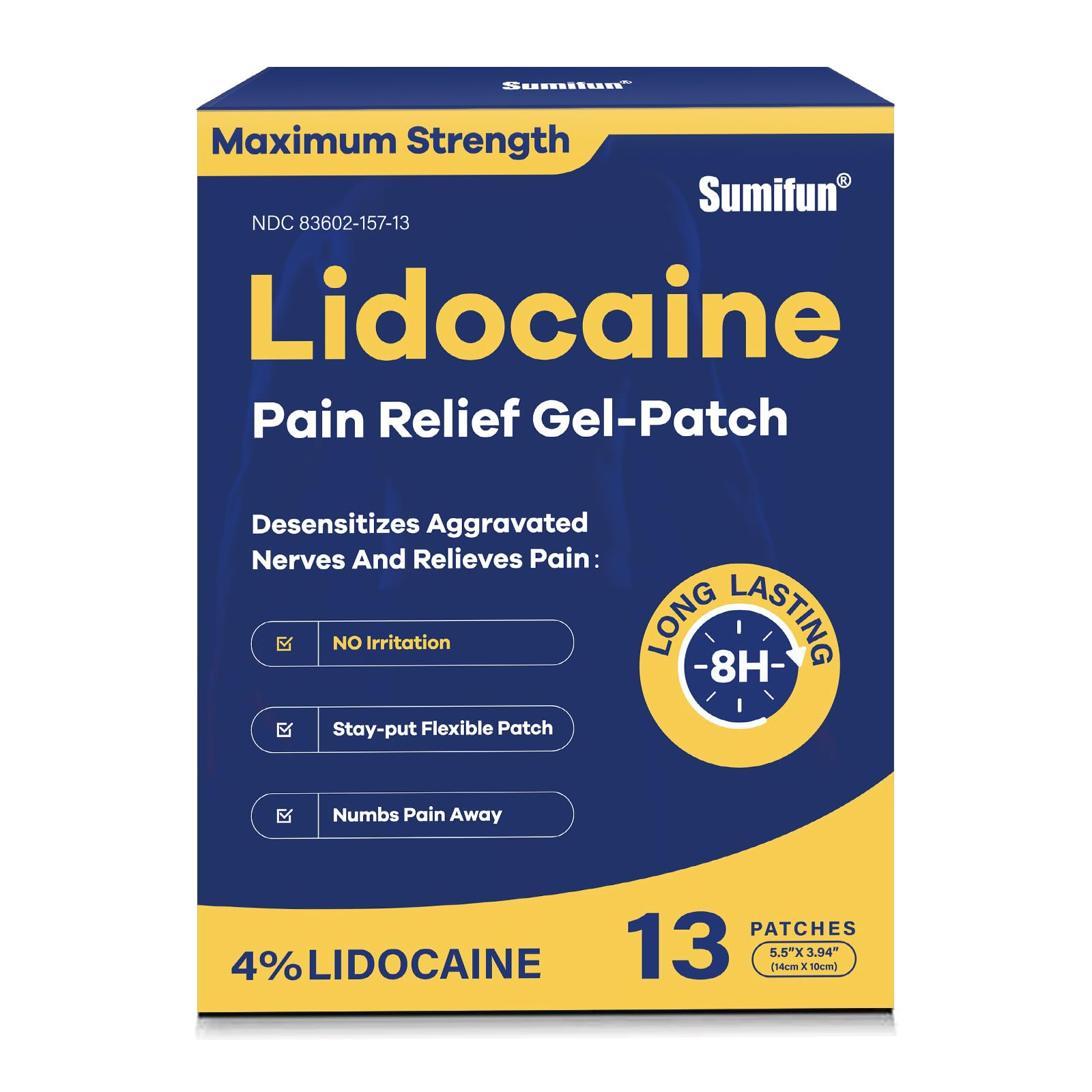 Sumifun 4% Lidocaine Patches Maximum Strength - 13 Count Pain Relieving Gel Patch for Muscle Soreness, Back Ache, Knee, Neck & Joint Pains - Topical Analgesic (Large, Count, 13) Sumifun Au supplements