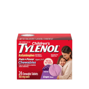 Children's Tylenol Chewables with 160 mg Acetaminophen, Pain Reliever & Fever Reducer for Kids' Cold + Flu Symptoms, Headache, Sore Throat & Toothache, Aspirin-Free, Grape Flavor, 24 ct Tylenol Au supplements