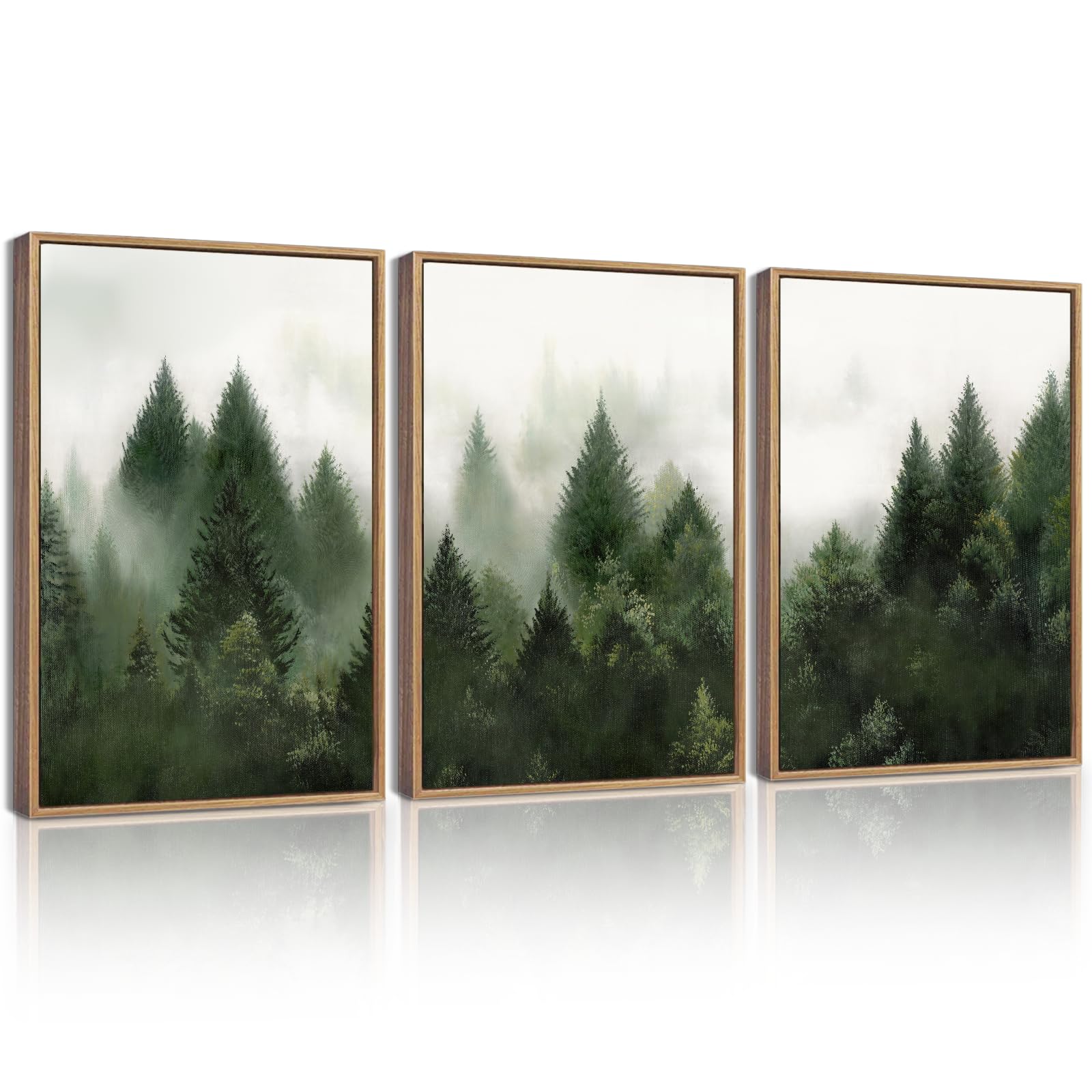KUVIOKE Morden Green Fog Pine Tree Framed Canvas Wall Art Nature Nordic Forests Artwork Painting Bedroom Decor 12x16in (Natural Framed) KUVIOKE Au supplements