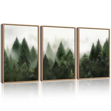 KUVIOKE Morden Green Fog Pine Tree Framed Canvas Wall Art Nature Nordic Forests Artwork Painting Bedroom Decor 12x16in (Natural Framed) KUVIOKE Au supplements