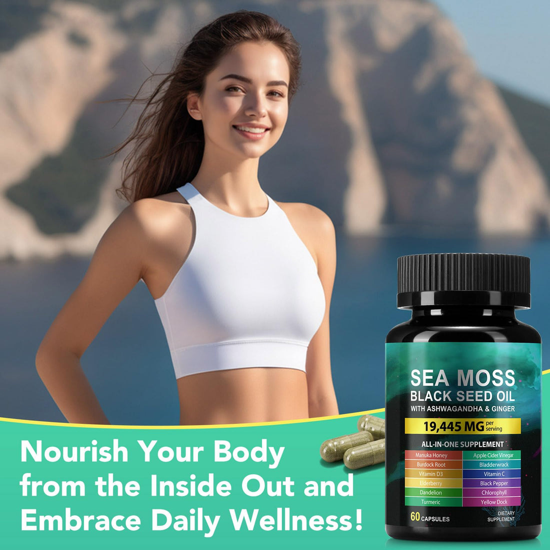 Sea Moss Black Seed Oil Ashwagandha Ginger Capsules, Seamoss Capsules Supplement with Bladderwrack Burdock & Vitamin C Vitamin D3 for Women & Men-Enhanced Immunity,60 Counts Vceeoy Au supplements