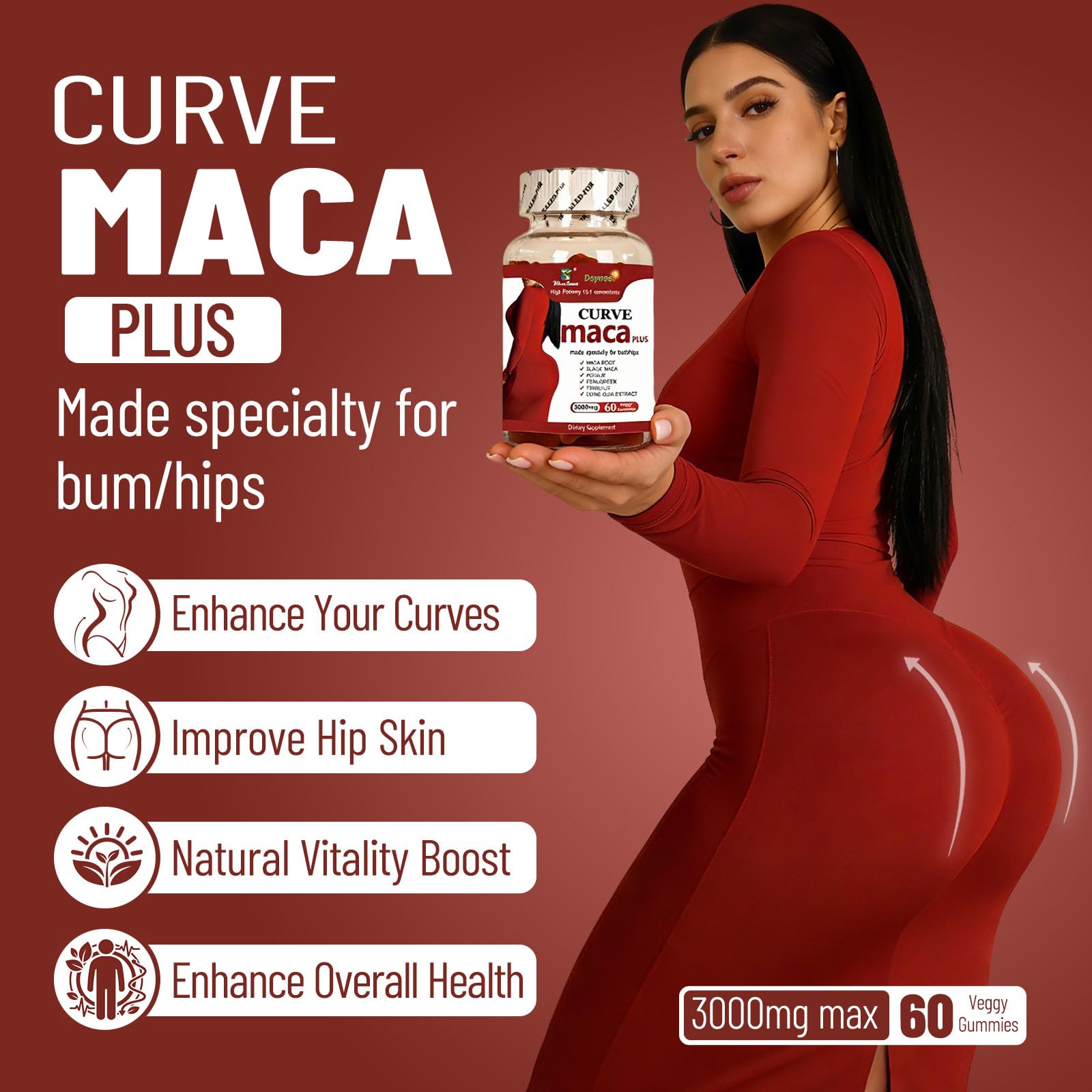 Wins Town Maca Plus Gummies 3000mg, Glute Boost Vitamins for Women, Supports Curves, Energy & Skin Health, Strawberry Flavor, Vegan, 60 Count Wins Town Au supplements