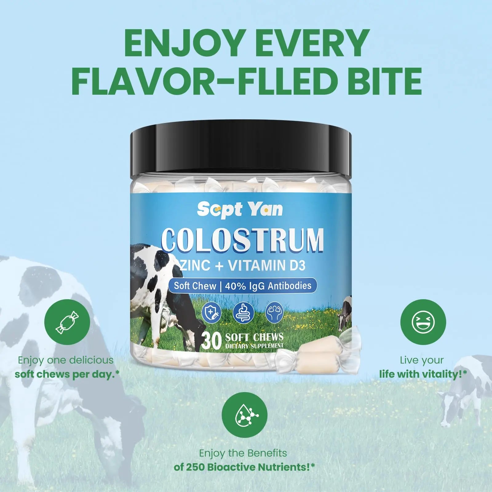 Colostrum Soft Chew Supplement (3000mg + 40% IgG), Concentrated Bovine Colostrum SEPT YAN Au supplements