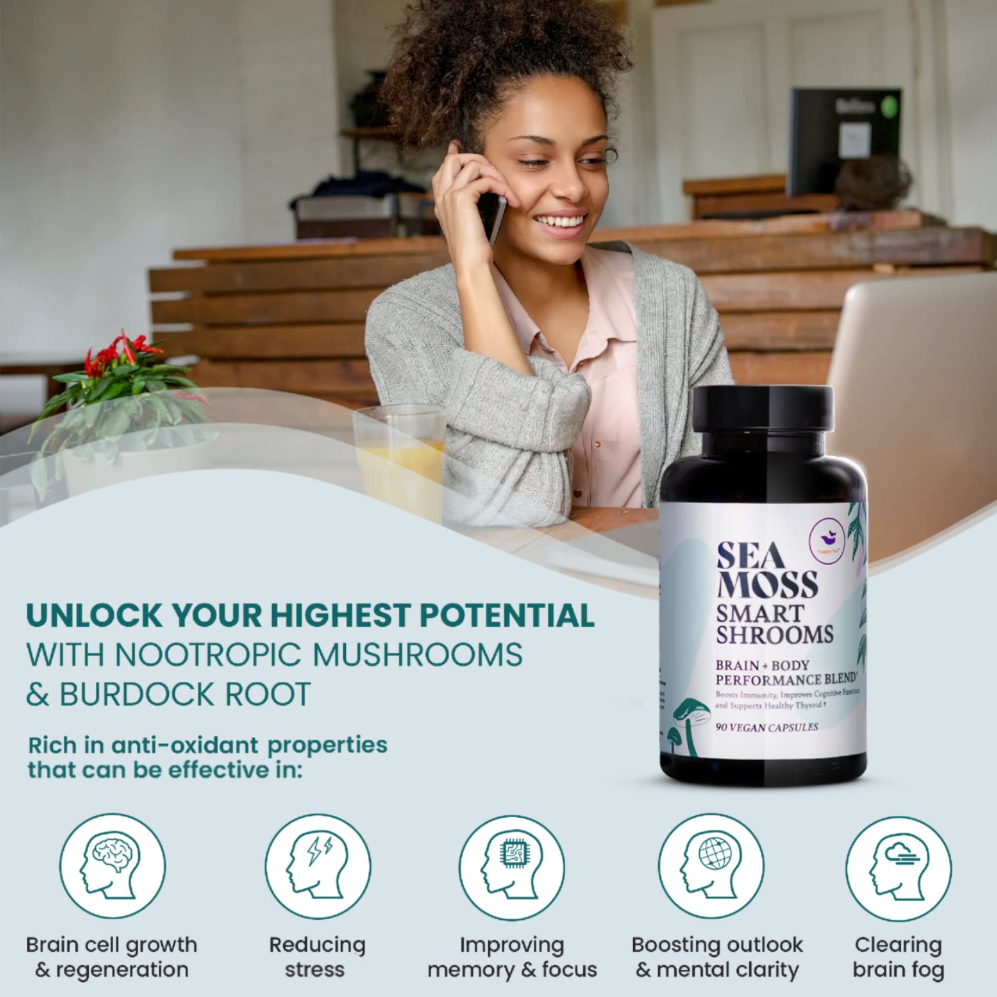 HAPPY FOX Irish Sea Moss Capsules & Mushroom Complex - Organic Seamoss with Adaptogens for Brain Health, 1500mg, 90 Vegan Capsules, Organic Mushroom Supplement HAPPY FOX Au supplements