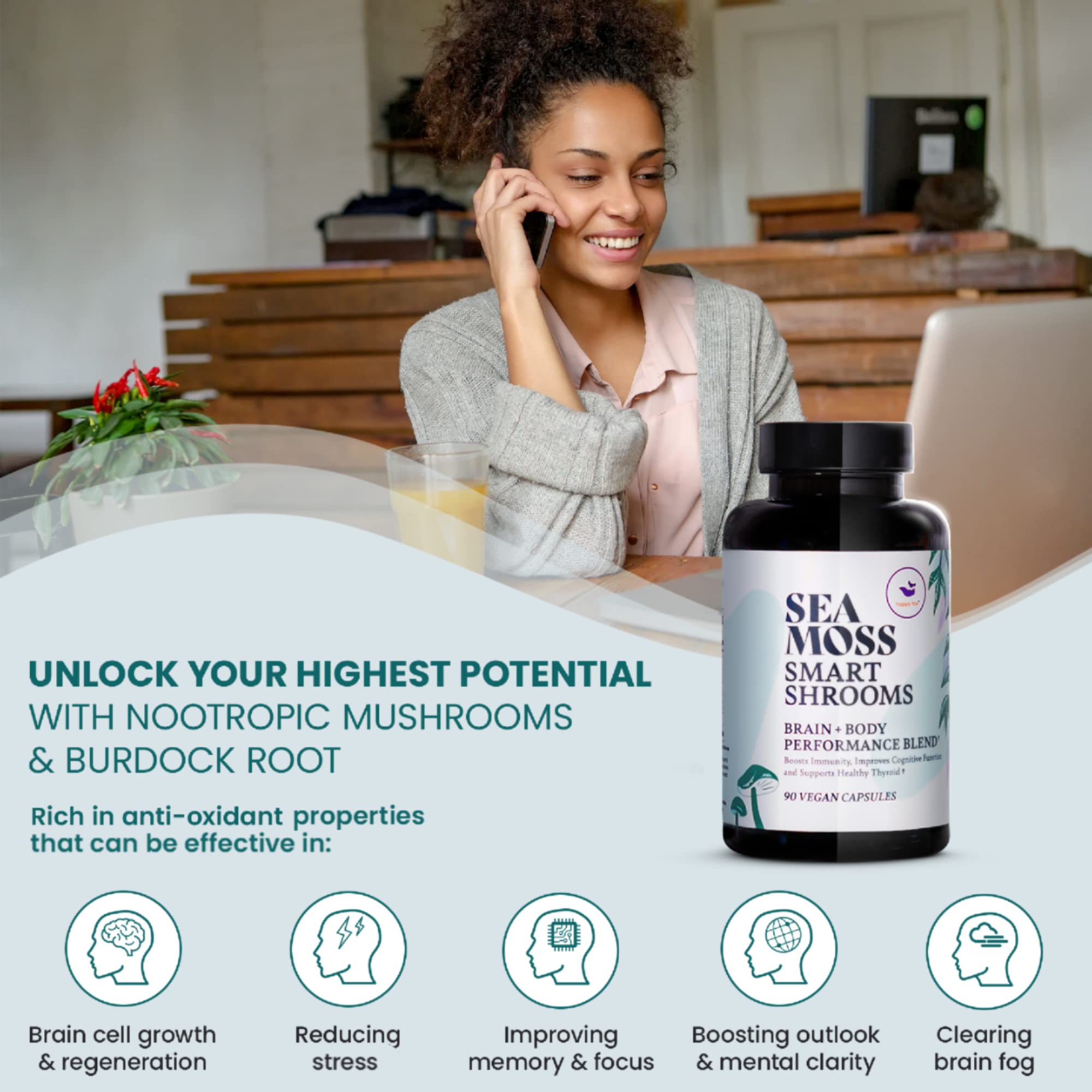 HAPPY FOX Irish Sea Moss Capsules & Mushroom Complex - Organic Seamoss with Adaptogens for Brain Health, 1500mg, 90 Vegan Capsules, Organic Mushroom Supplement HAPPY FOX Au supplements