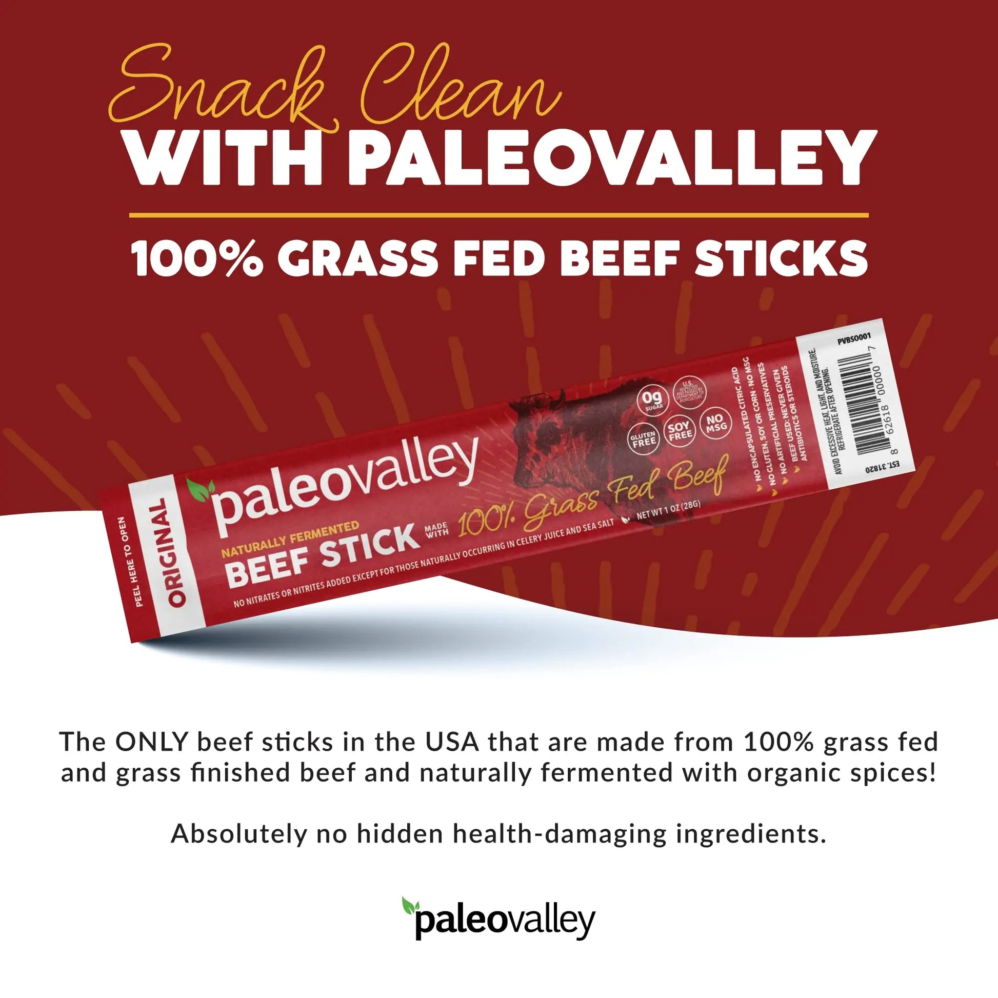 Paleovalley 100% Grass Fed Original Beef Sticks - Delicious Gluten Free Beef Snack - High Protein Keto Friendly Paleovalley Au supplements