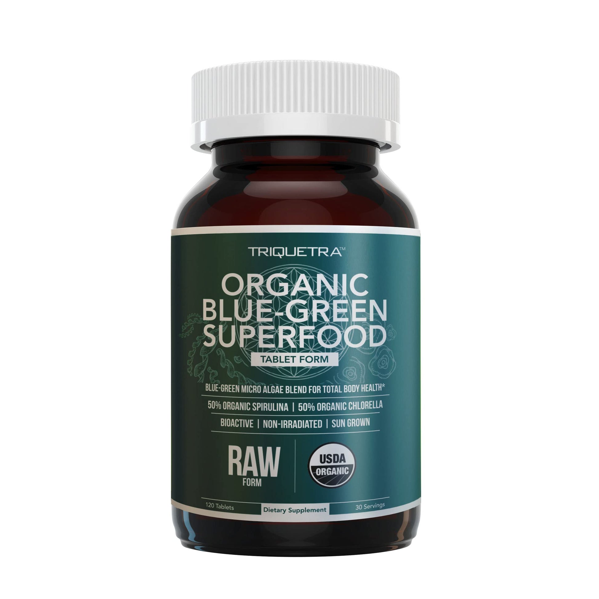 Organic Spirulina & Chlorella Tablets – 4 Organic Certifications, Raw, Non-Irradiated – 50/50 Blue Green Algae Blend – Antioxidant Content Equal to 5 Servings of Vegetables (120 Tablets) Triquetra Health Au supplements