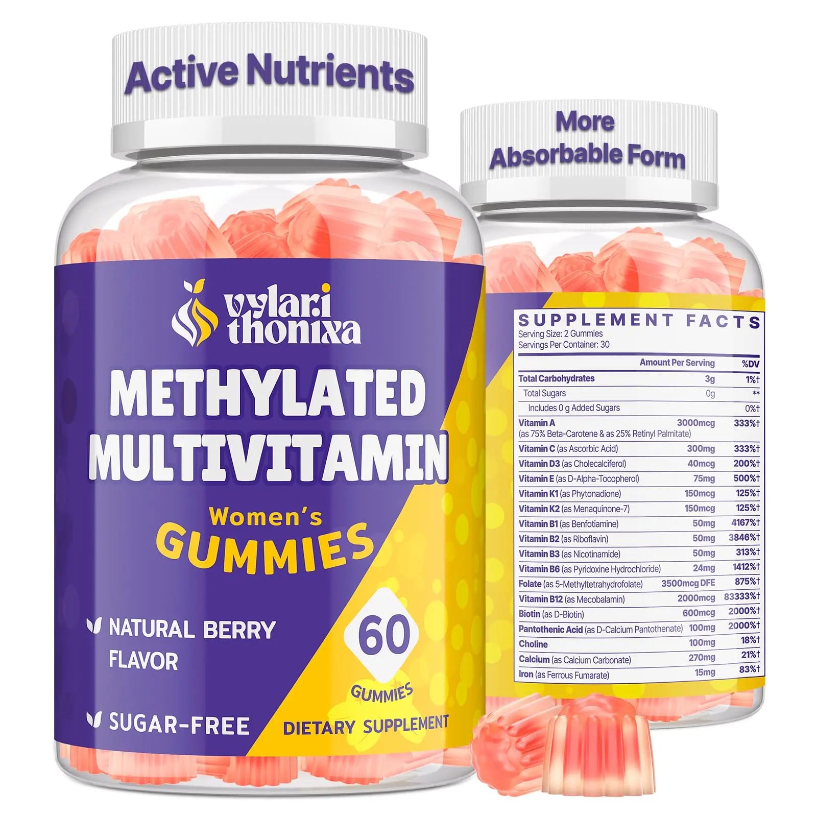 Vylarithonixa Methylated Multivitamin Gummies for Women – MTHFR Supplement Contains Methylfolate, Methylated B12, TMG & Vitamins A C E K – Energy, Immune & Skin Support Vylarithonixa Au supplements
