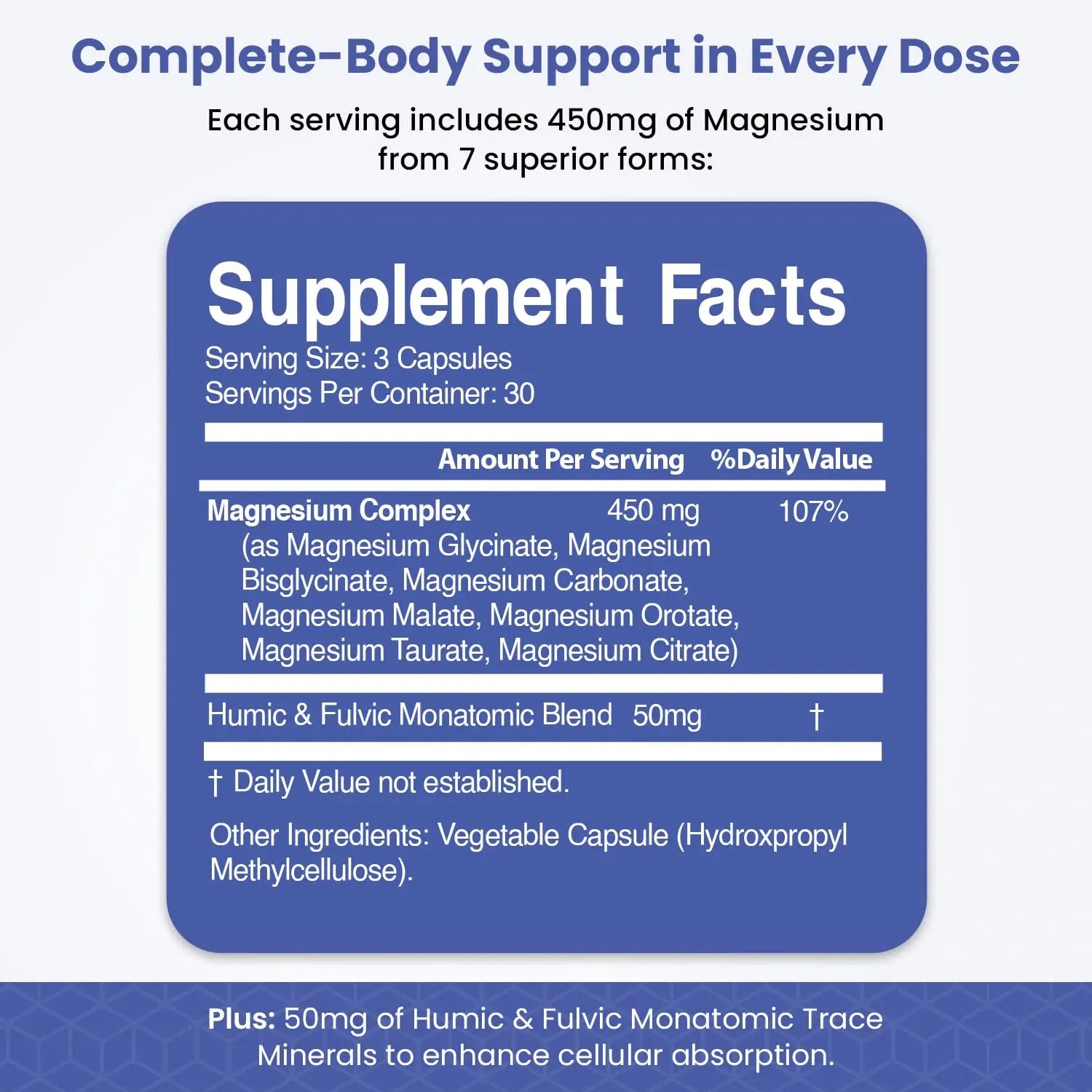 Magnesium Complex for Sleep, Relaxation, Digestion & Calm – Magnesium Glycinate, Citrate, Bisglycinate, Carbonate, Malate, Orotate, Taurate, + Humic/Fulvic for High Absorption - 90 ct. VITAMIZED Au supplements