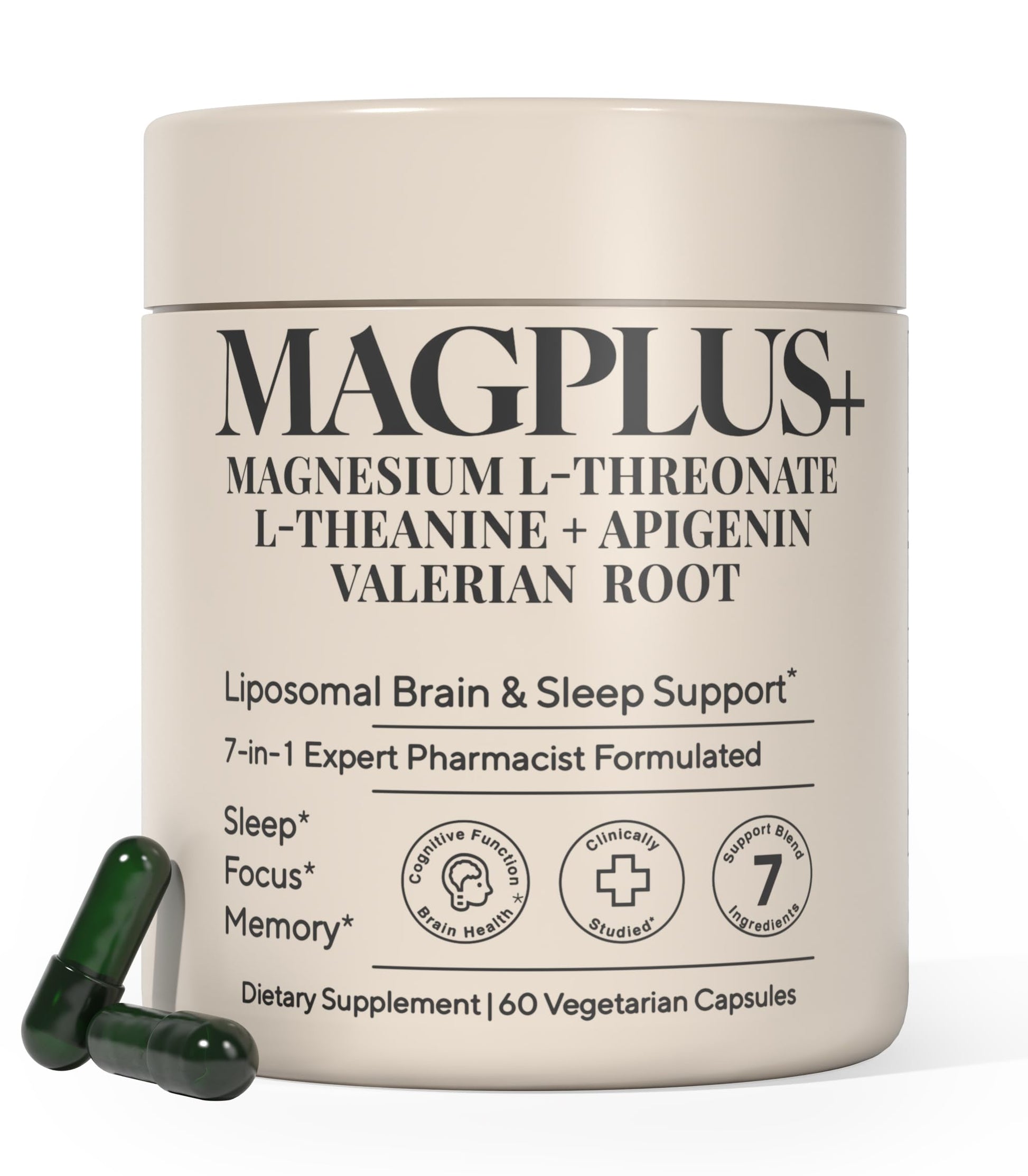 MAGPLUS+ Magnesium L-Threonate w Apigenin & L Theanine | 7-Ingredient Sleep Blend | Brain, Memory, & Sleep Support | Liposomal Magnesium Threonate Supplement (60 Capsules) Plus+Ultra Au supplements