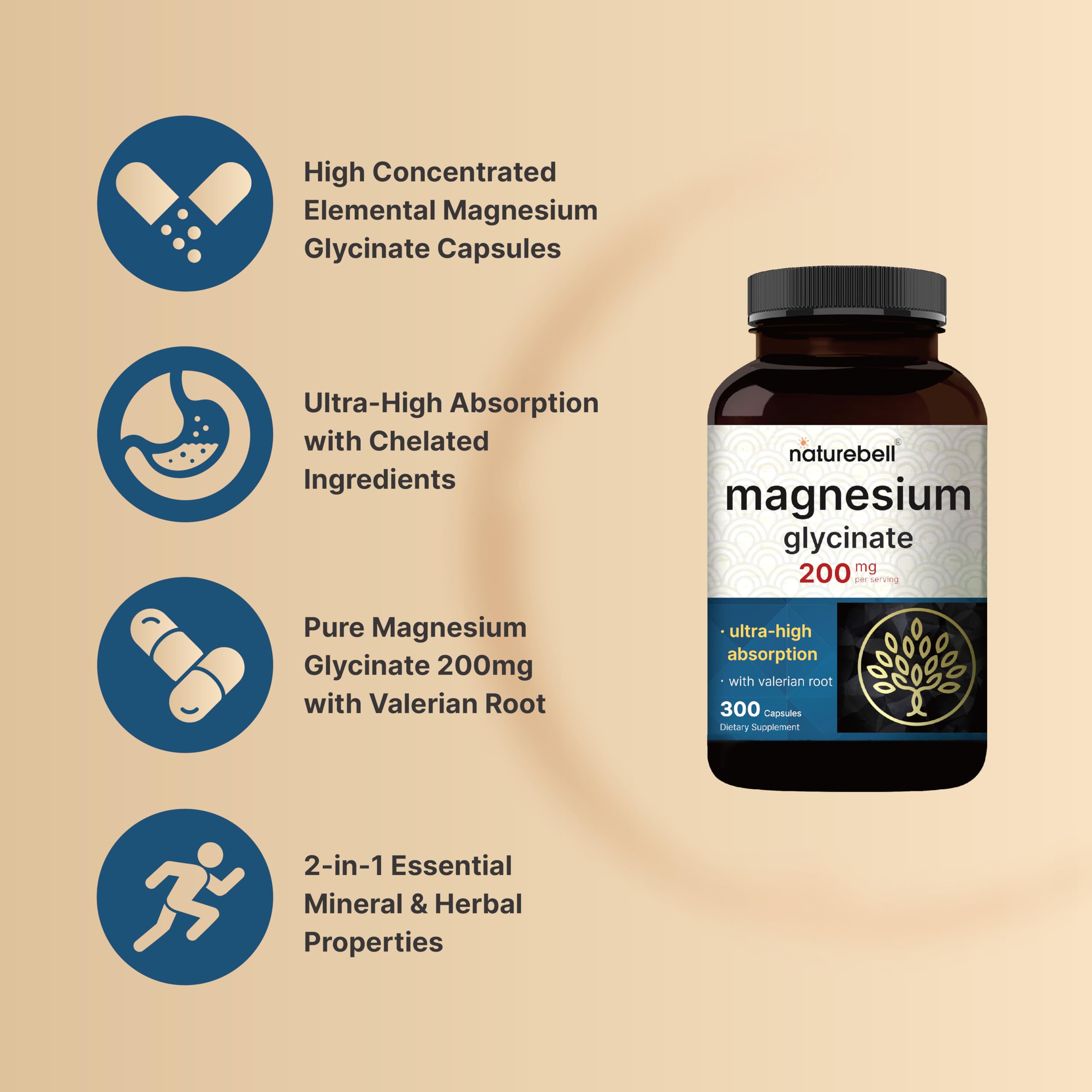 Pure Magnesium Glycinate for Sleep, 200mg with Valerian Root, 300 Capsules | 100% Chelated & Purified Mineral Supplement – Ultra High Absorption – Non-GMO, Gluten Free NatureBell Au supplements