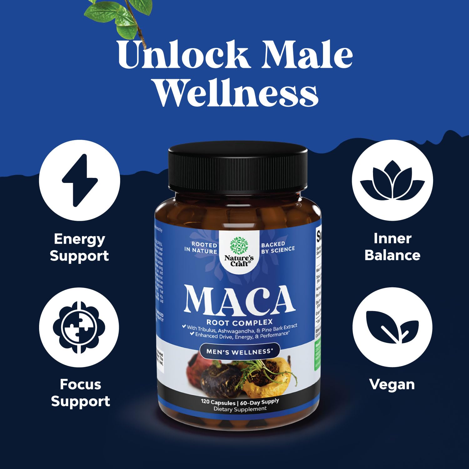 Potent Black Maca Root Capsules for Men - Herbal Wellness Supplement with Siberian Ginseng Ashwagandha and Black Maca Root - Men’s Wellness Supplement to Support General Health - 120 Count Natures Craft Au supplements