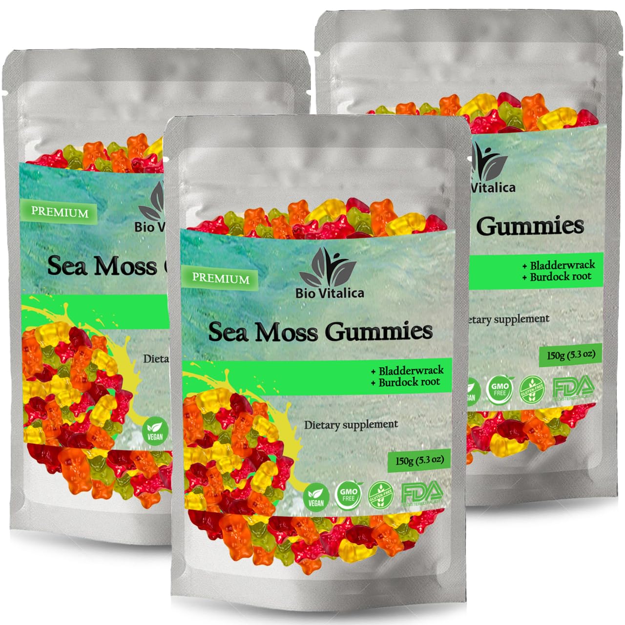 BIO VITALICA Sea Moss Gummies – with Bladderwrack & Burdock Root – Wildcrafted Gel + Powder – Vegan, Keto, Non-GMO, Gluten-Free – Fruity Mineral-Rich Gummies – 50 Count (3 Pack) BIO VITALICA Au supplements