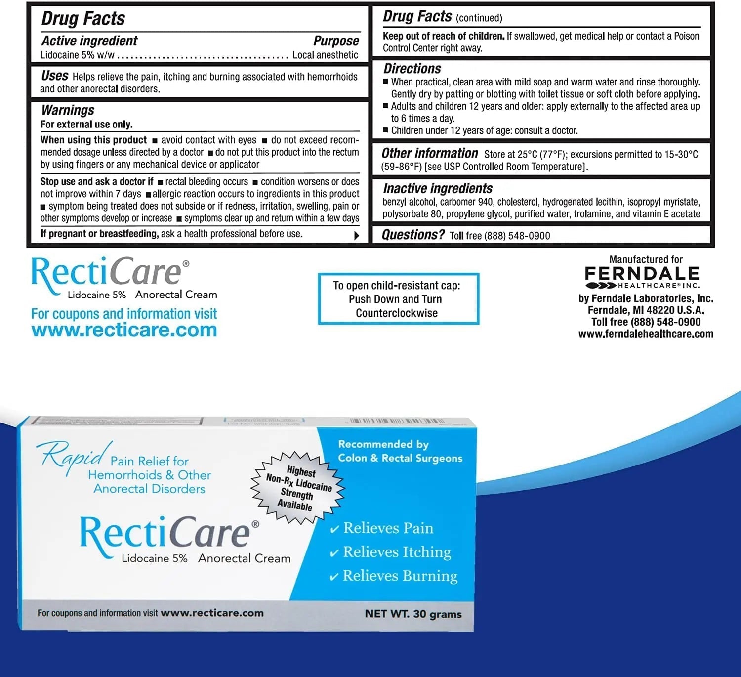 Recticare Anorectal Lidocaine 5% Cream: Topical Numbing Cream for Treatment of Hemorrhoids & Other Anorectal Disorders - 30g Tube Recticare Au supplements