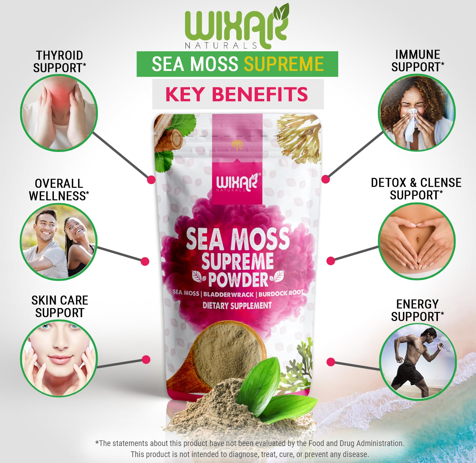 Wixar Wildcrafted Sea Moss Powder – (8 Ounces) – Natural Irish Sea Moss and Bladderwrack with Burdock Powder - Thyroid Support, Healthy Skin, Keto Detox, Joint Support Alkaline Supplements WIXAR NATURALS Au supplements